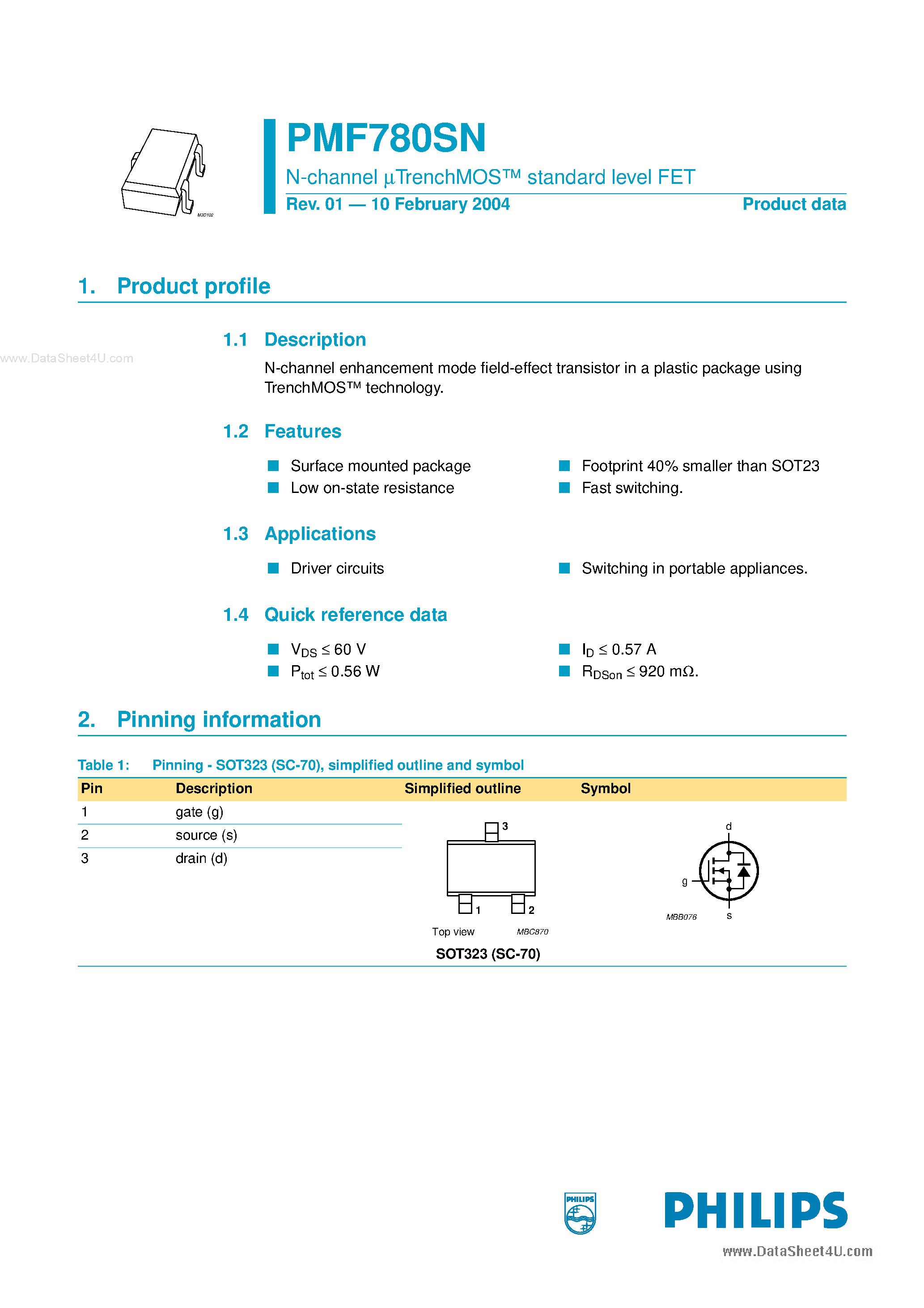 Datasheet PMF780SN - N-channel uTrenchMOS standard level FET page 1