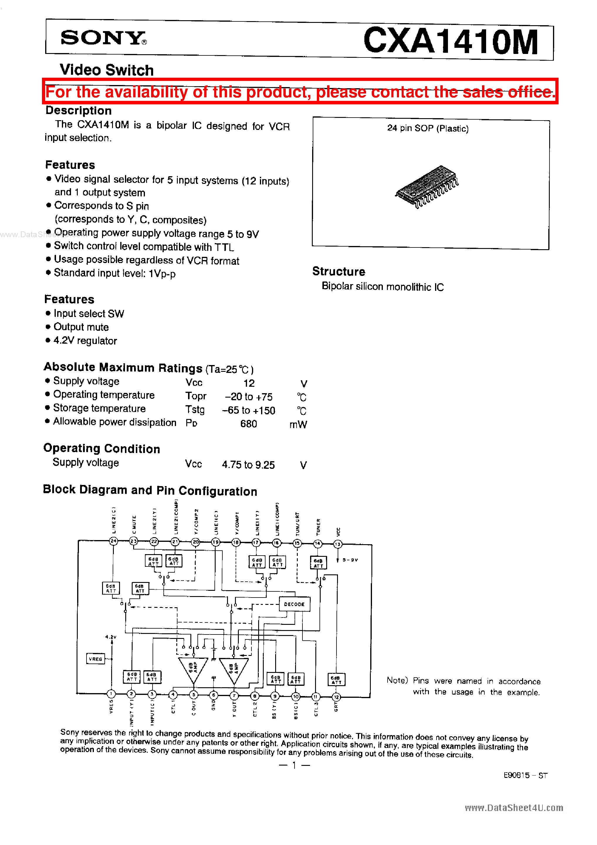 Даташит на микросхему CXA1410M страница 1 Даташит CXA1410M - Video Switch страница 1