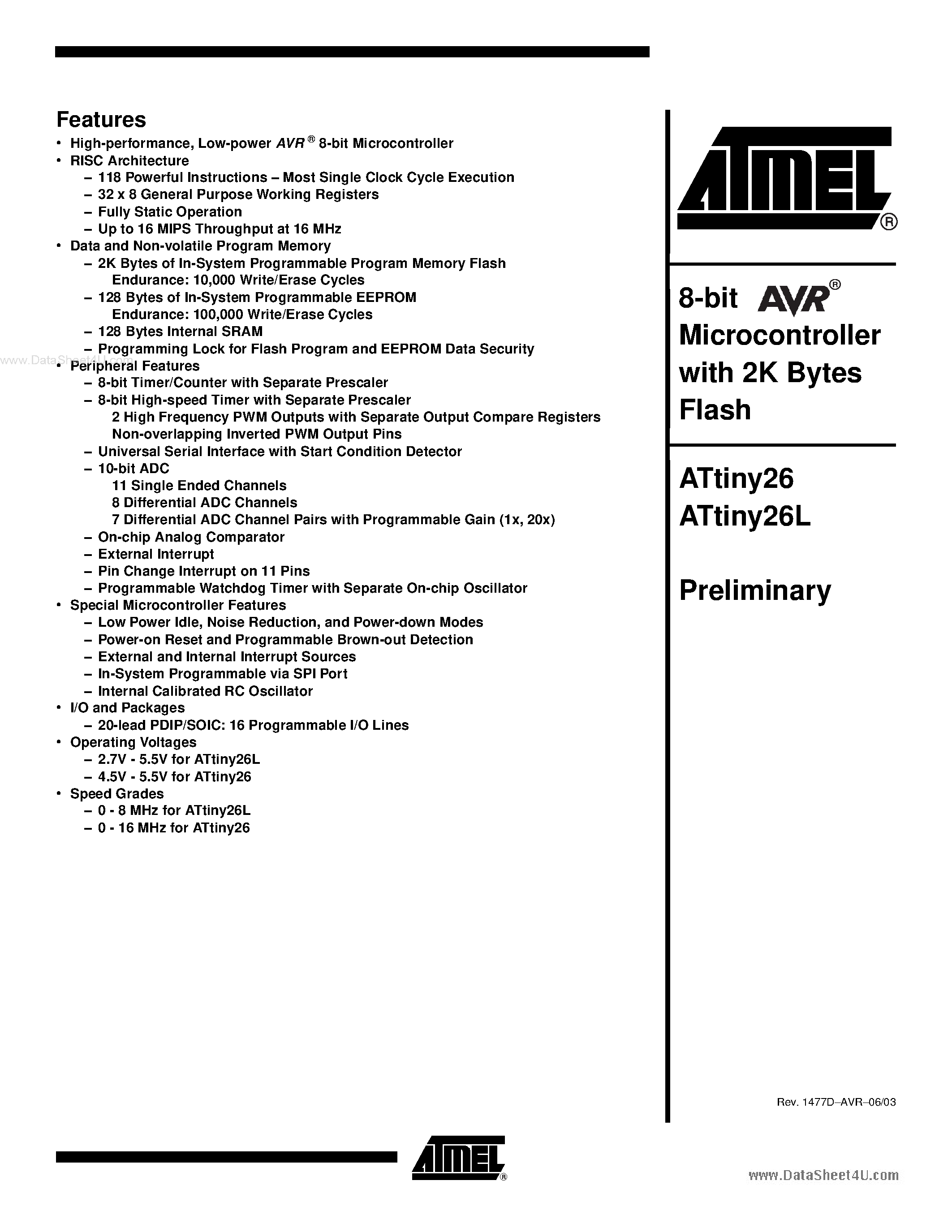 Даташит на микросхему ATINY26 страница 1 Даташит ATINY26 - 8-Bit Microcontroller страница 1