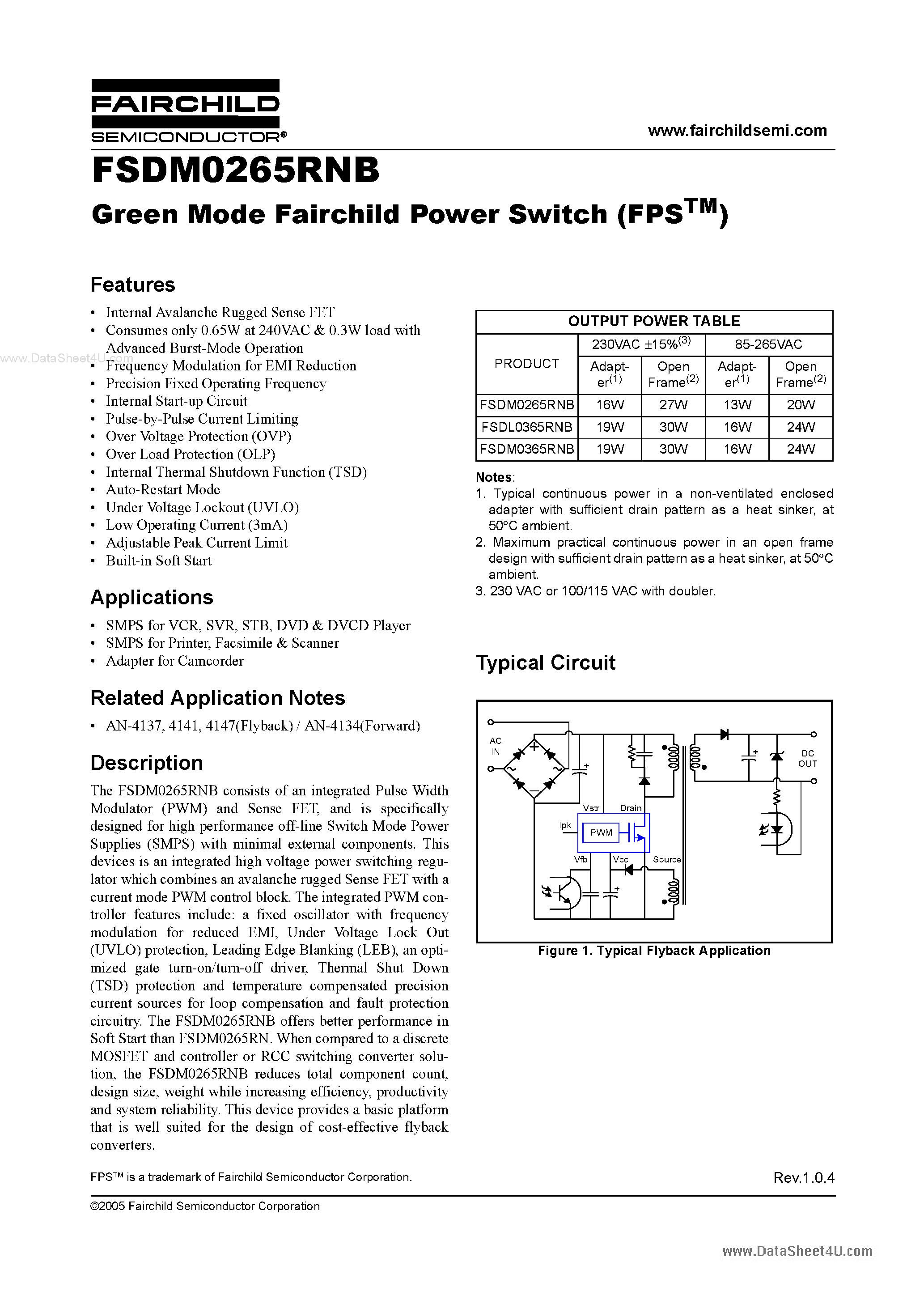Даташит на микросхему FSDM0265RNB страница 1 Даташит FSDM0265RNB - Green Mode Fairchild Power Switch страница 1