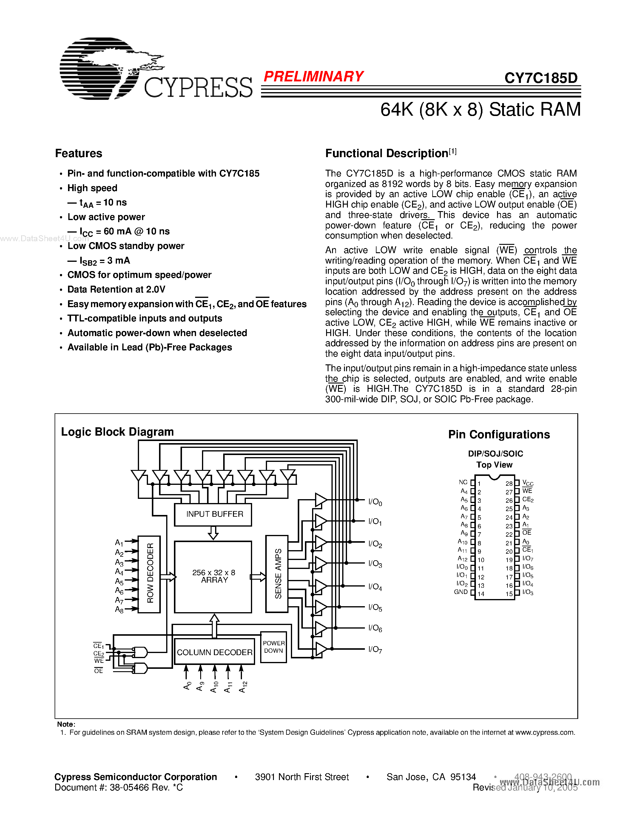 Даташит на микросхему CY7C185D страница 1 Даташит CY7C185D - 64K (8K x 8) Static RAM страница 1
