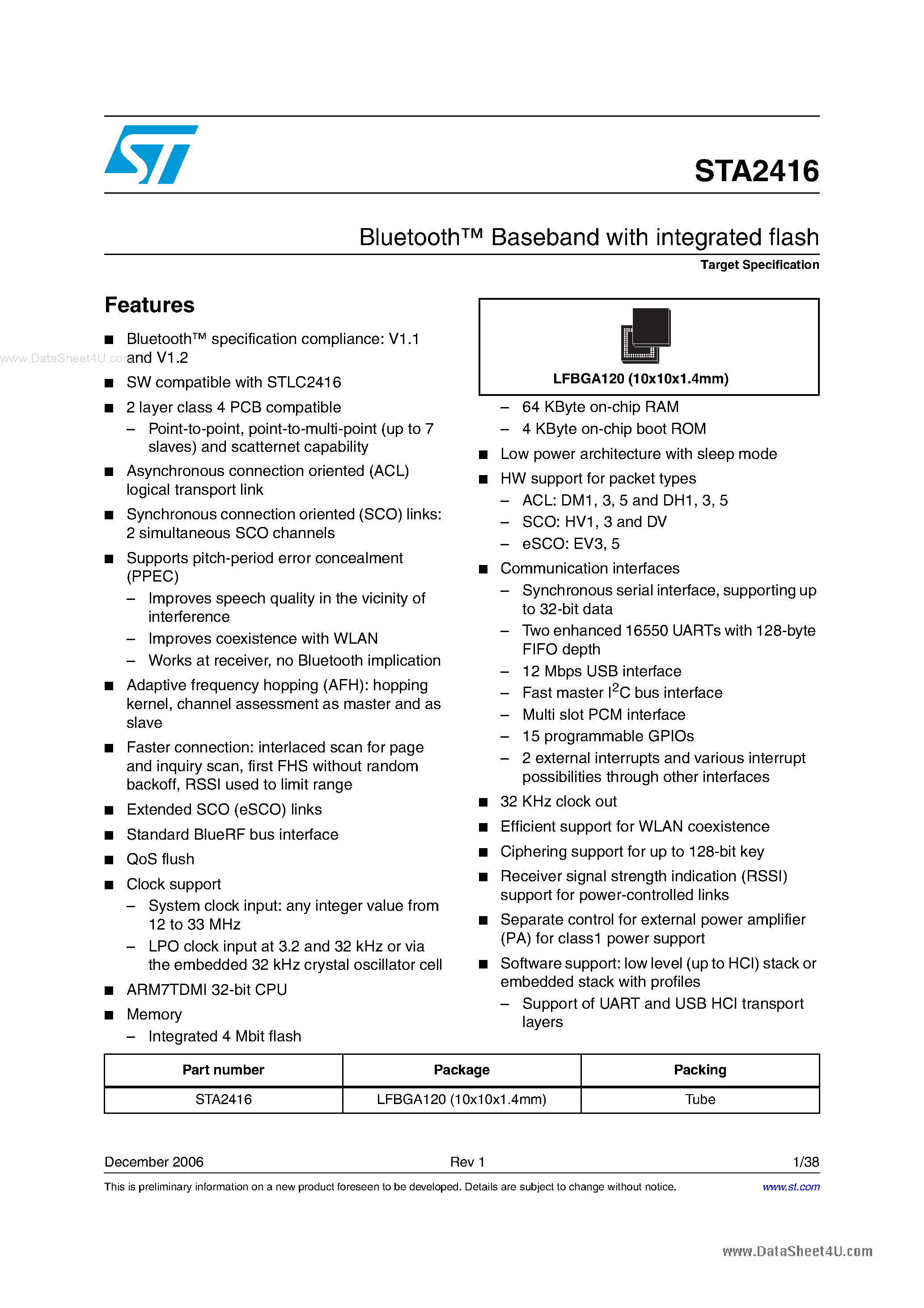 Datasheet STA2416 page 1 Datasheet STA2416 - Baseband page 1
