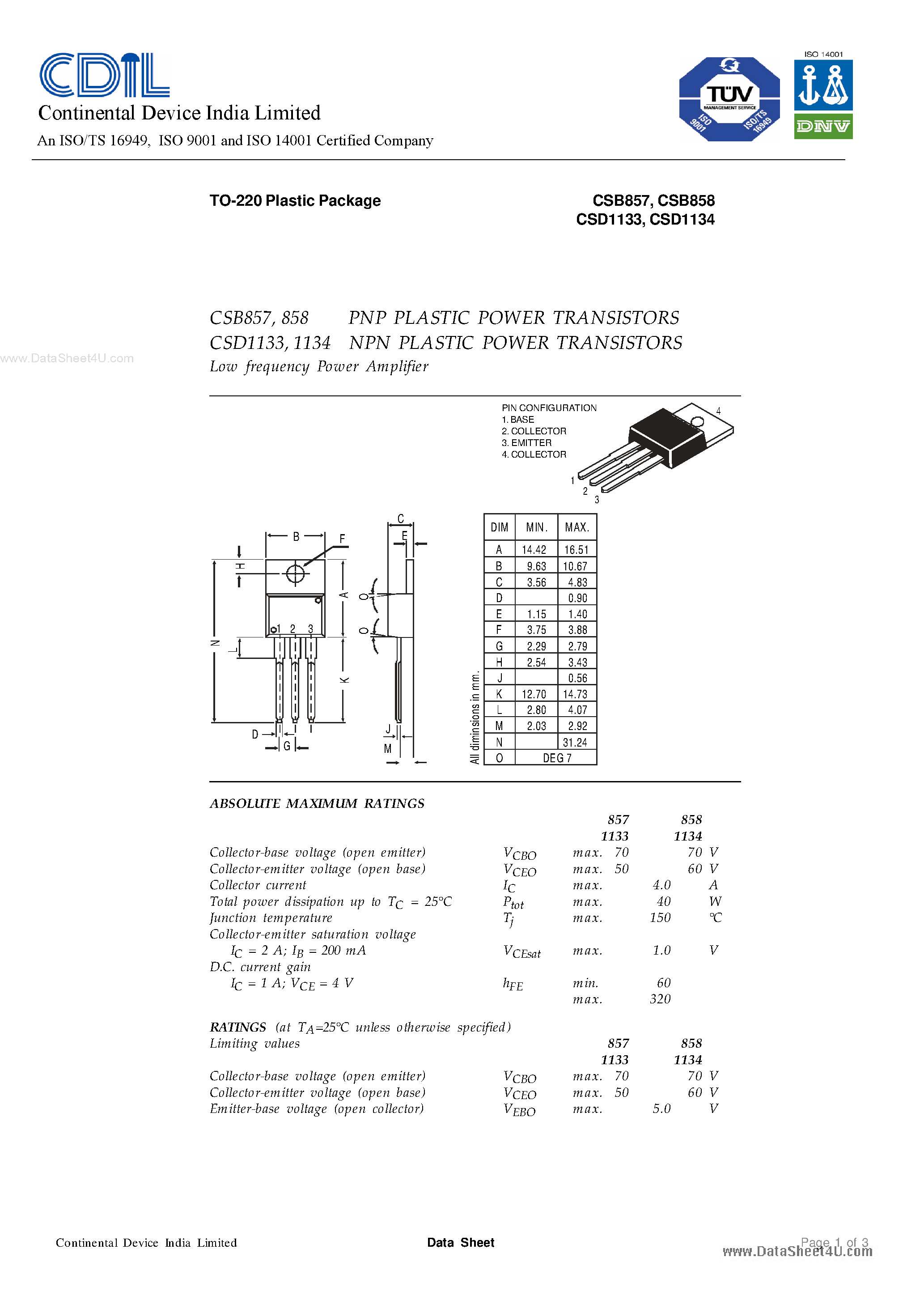 Даташит CSD1133 - (CSD1133 / CSD1134) PNP / NPN PLASTIC POWER TRANSISTORS страница 1