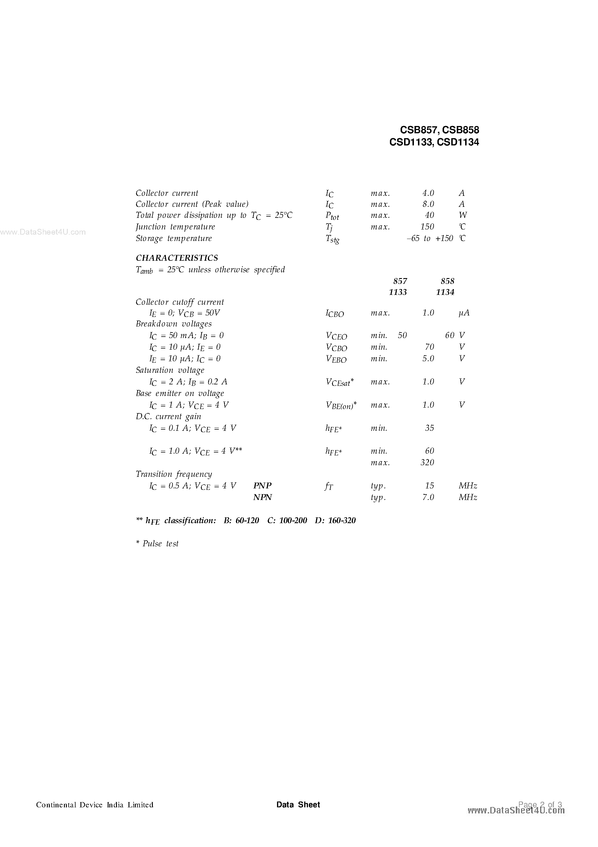 Даташит CSD1133 - (CSD1133 / CSD1134) PNP / NPN PLASTIC POWER TRANSISTORS страница 2