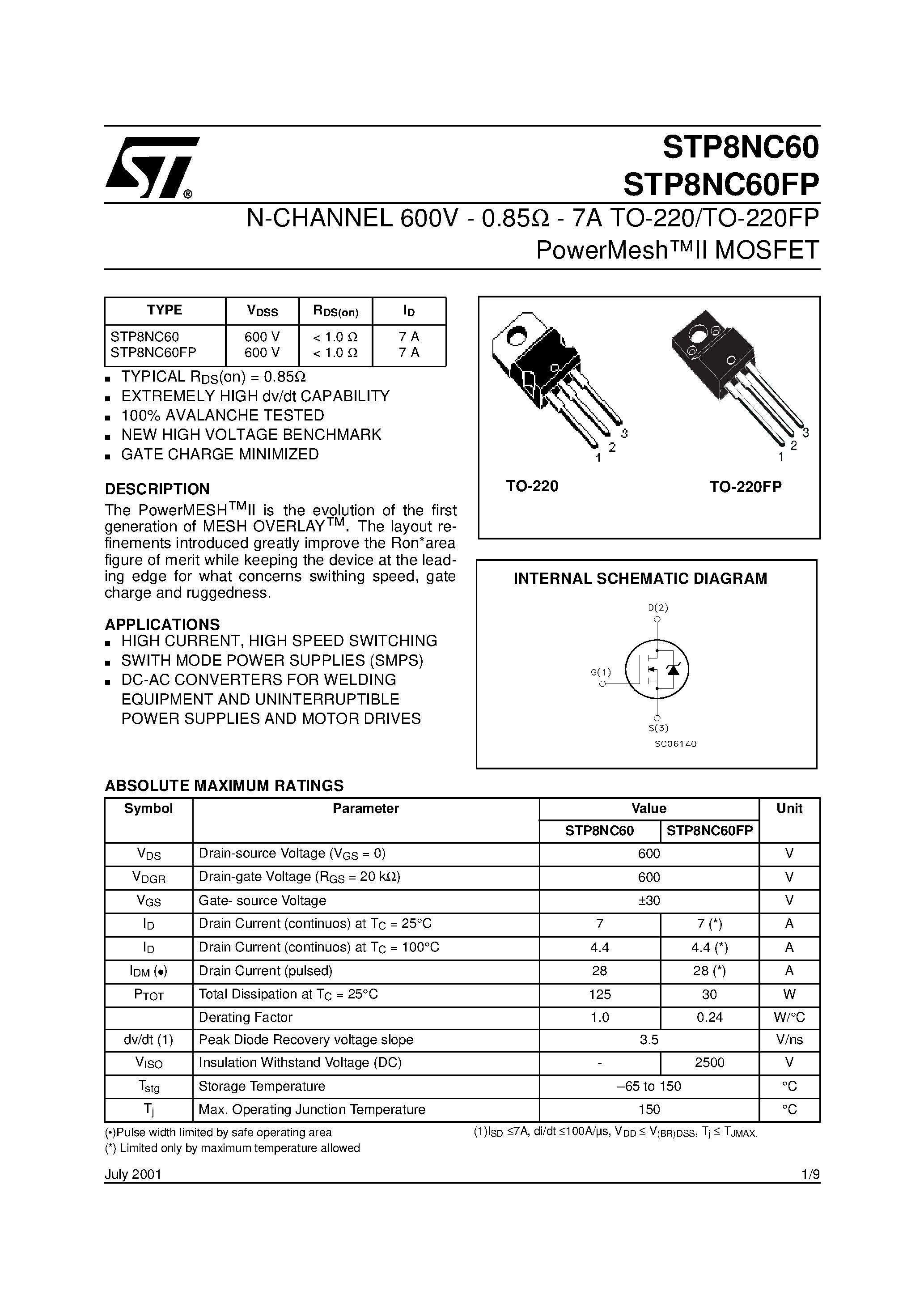 Datasheet STP8NC60 - N-CHANNEL POWER MOSFET page 1