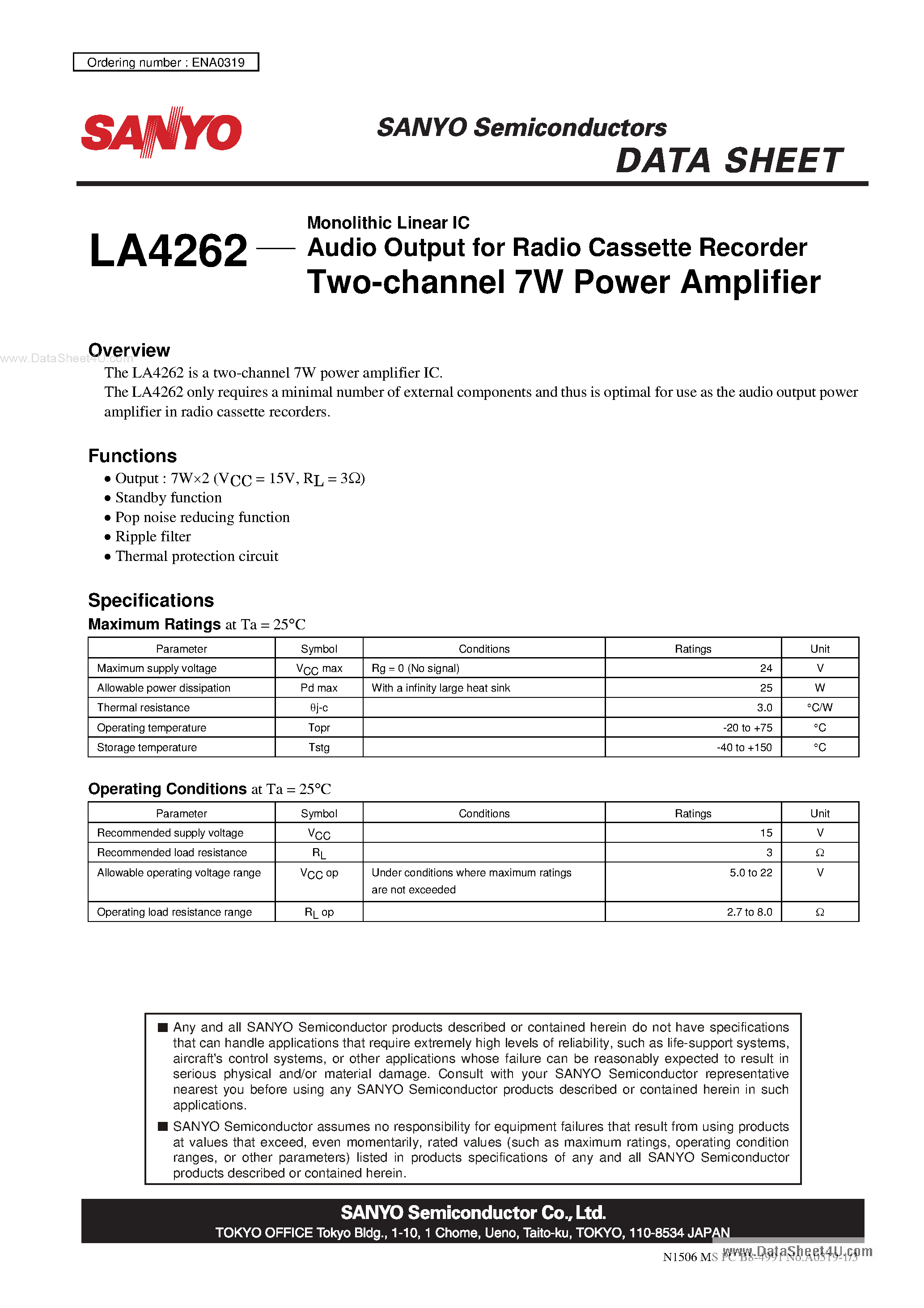 Datasheet LA4262 - 2-Channel 7W Power Amplifier page 1