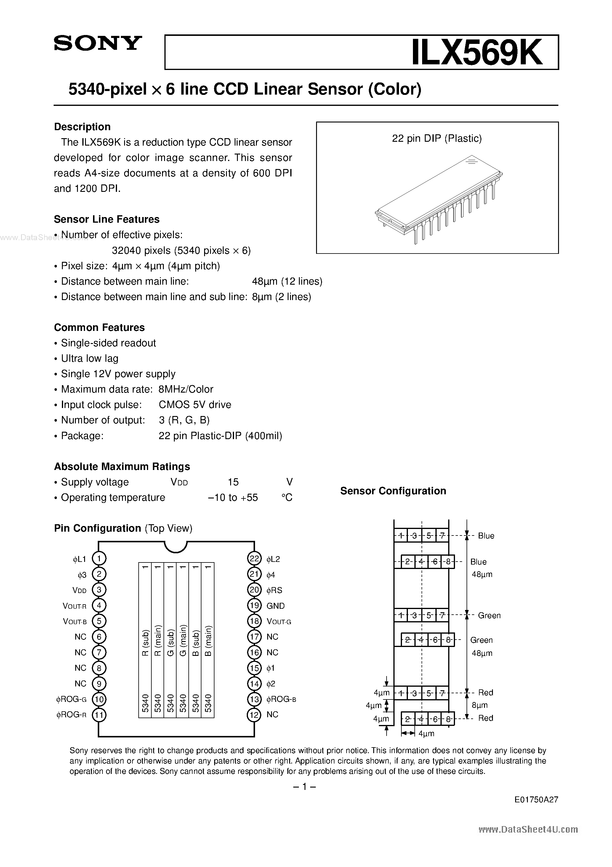 Datasheet ILX569K page 1 Datasheet ILX569K - 5340-pixel x 6 line CCD Linear Sensor page 1