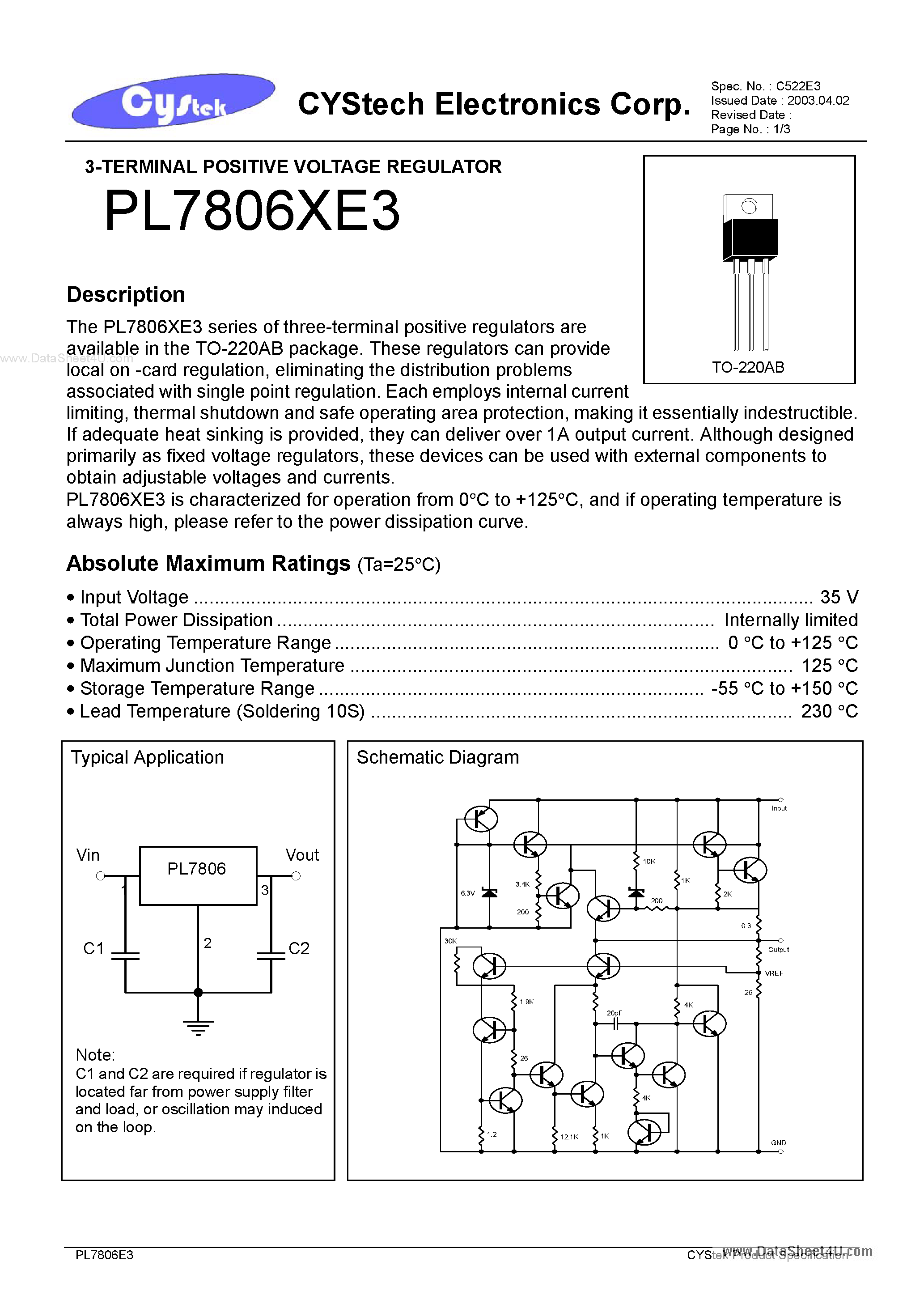 Datasheet PL7806XE3 page 1 Datasheet PL7806XE3 - 3-TERMINAL POSITIVE VOLTAGE REGULATOR page 1