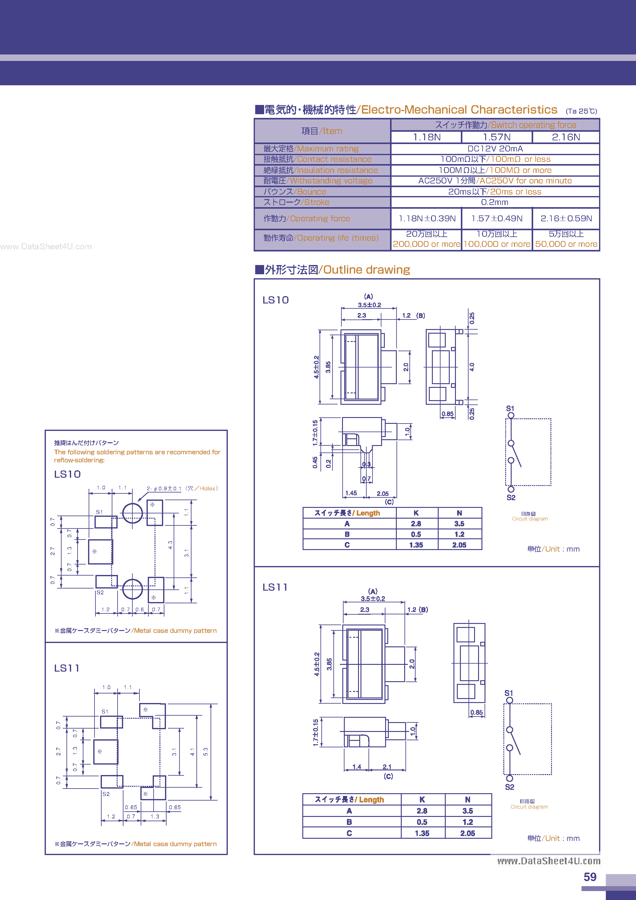 Datasheet LS10 page 2 Datasheet LS10 - Surface mountable side-push switch page 2