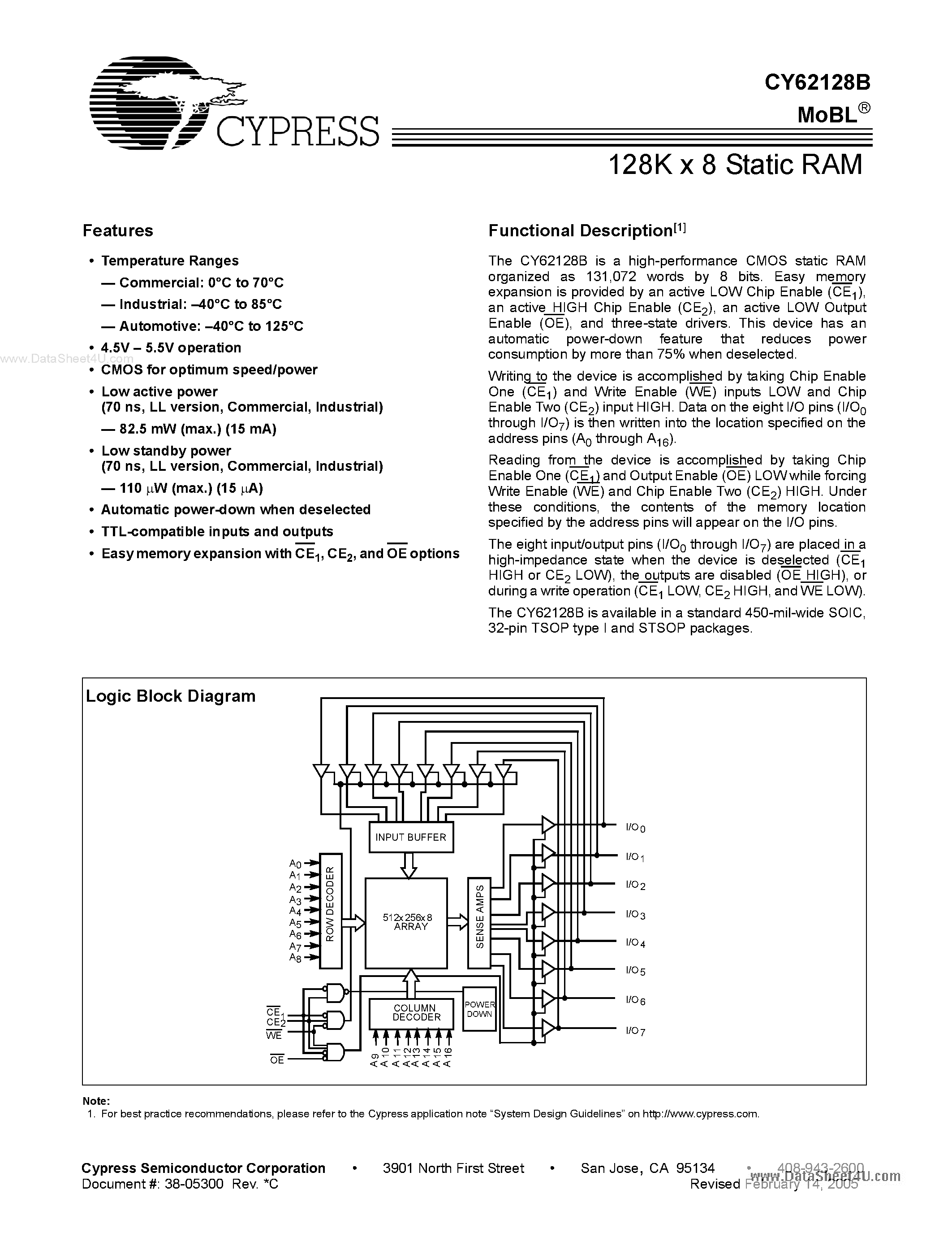 Даташит на микросхему CY62128B страница 1 Даташит CY62128B - 128K x 8 Static RAM страница 1