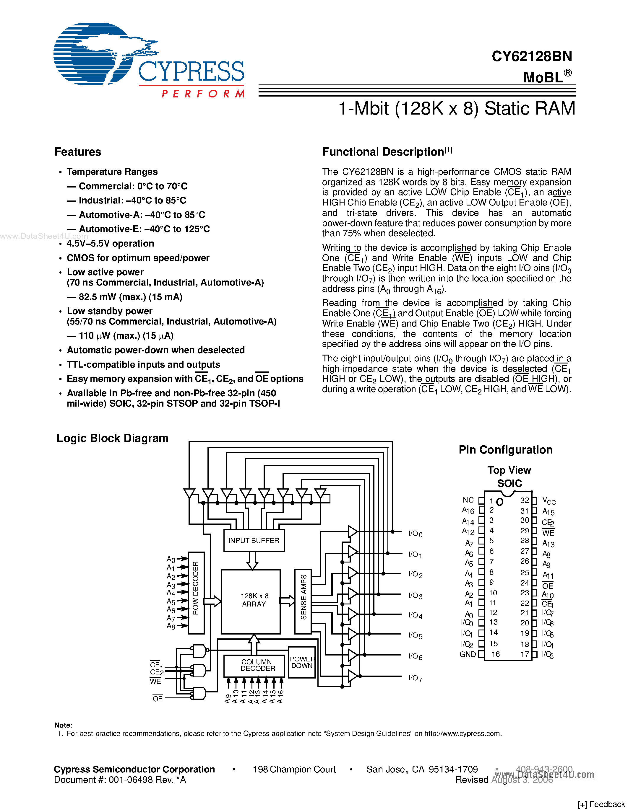 Даташит CY62128BN - 1-Mbit (128K x 8) Static RAM страница 1