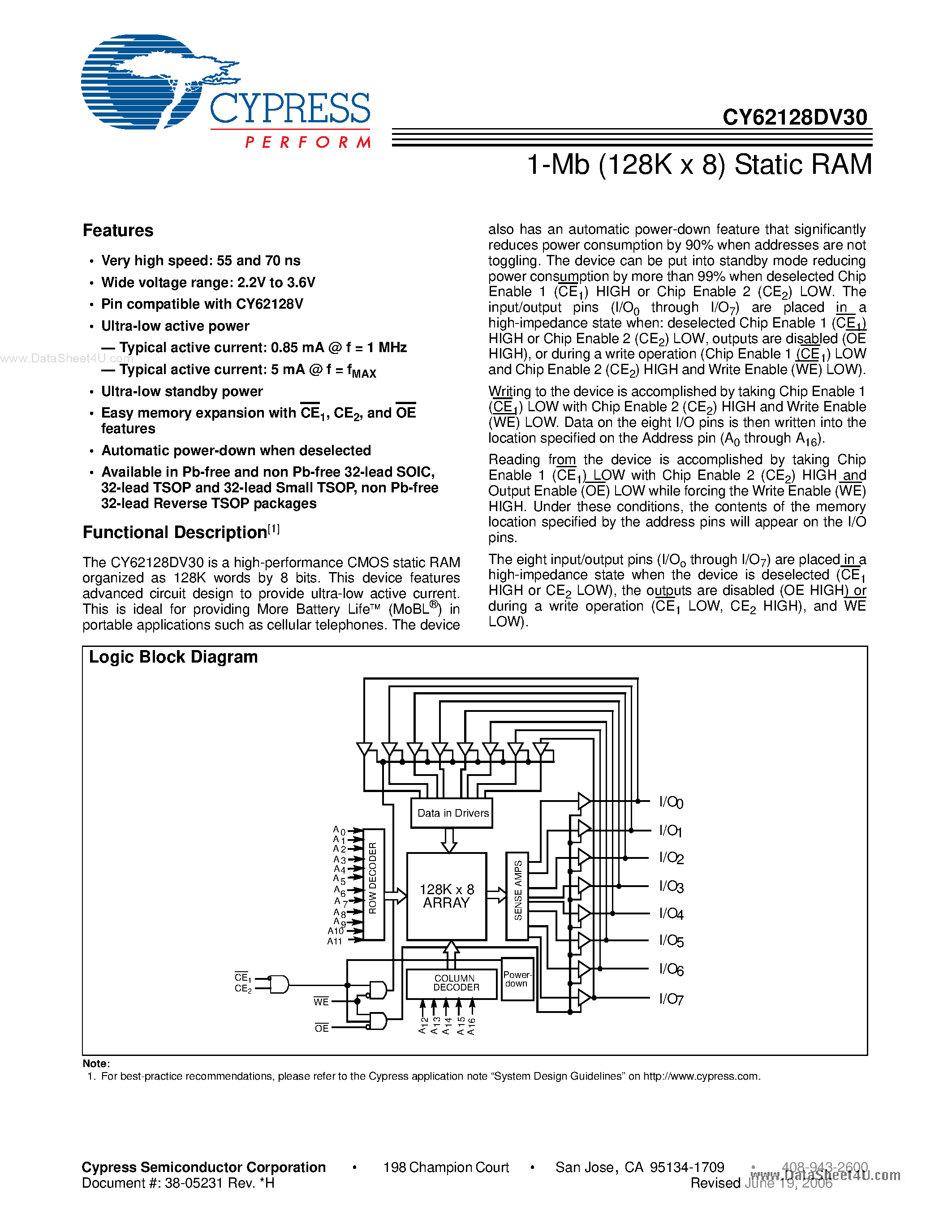 Даташит на микросхему CY62128DV30 страница 1 Даташит CY62128DV30 - 1-Mb (128K x 8) Static RAM страница 1