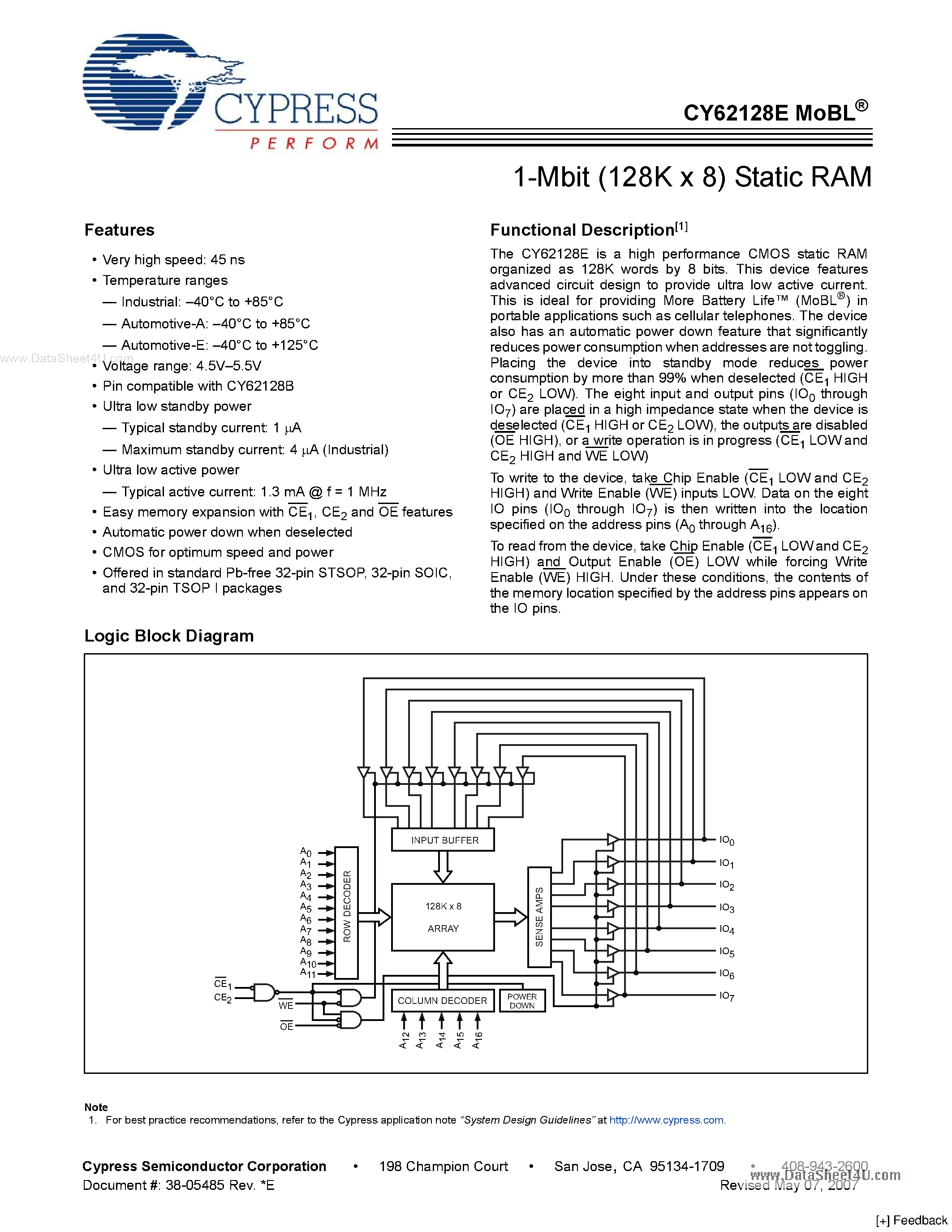 Даташит CY62128E - 1-Mbit (128K x 8) Static RAM страница 1