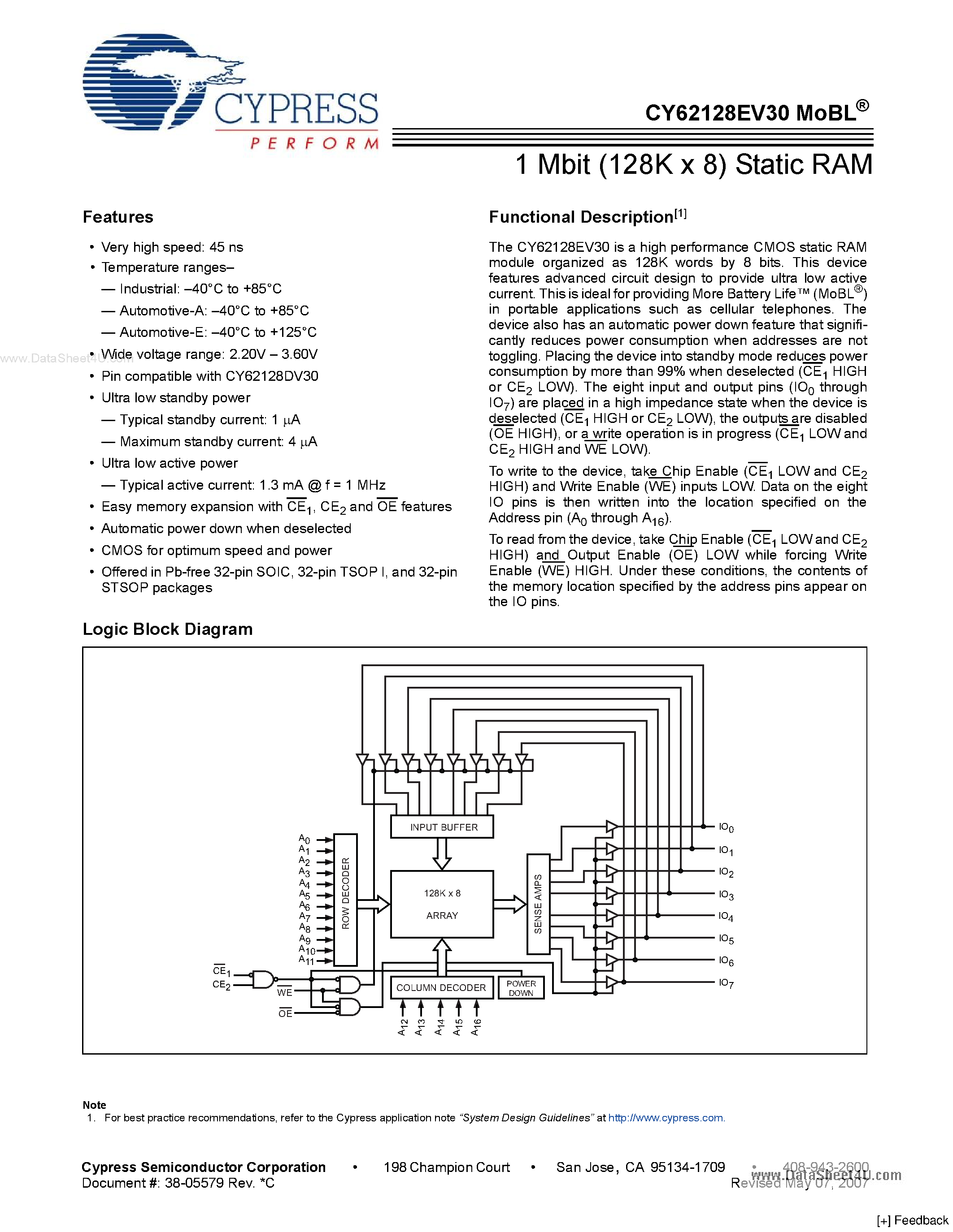 Даташит CY62128EV30 - 1-Mbit (128K x 8) Static RAM страница 1