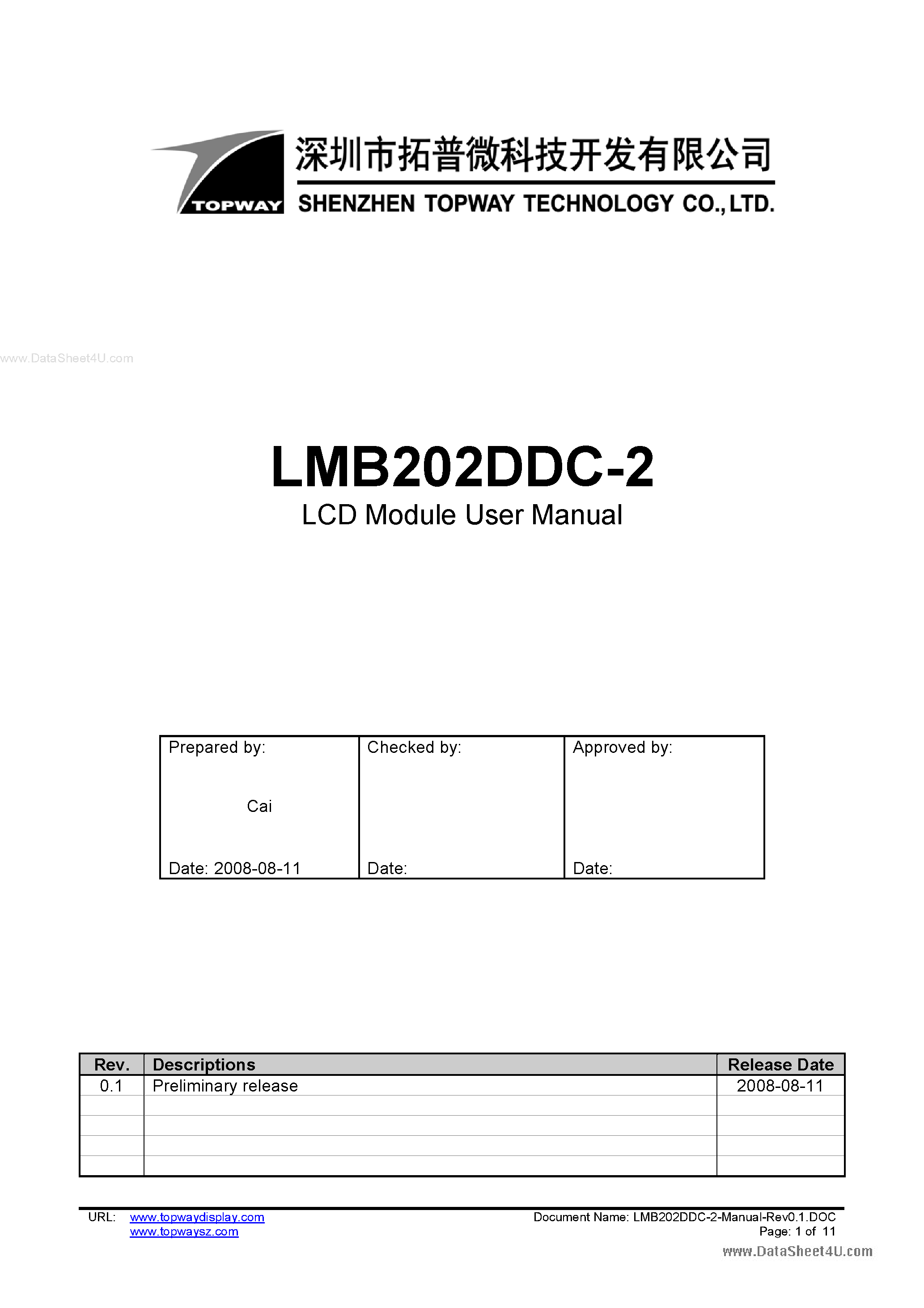 Datasheet LMB202DDC-2 - LCD Module page 1