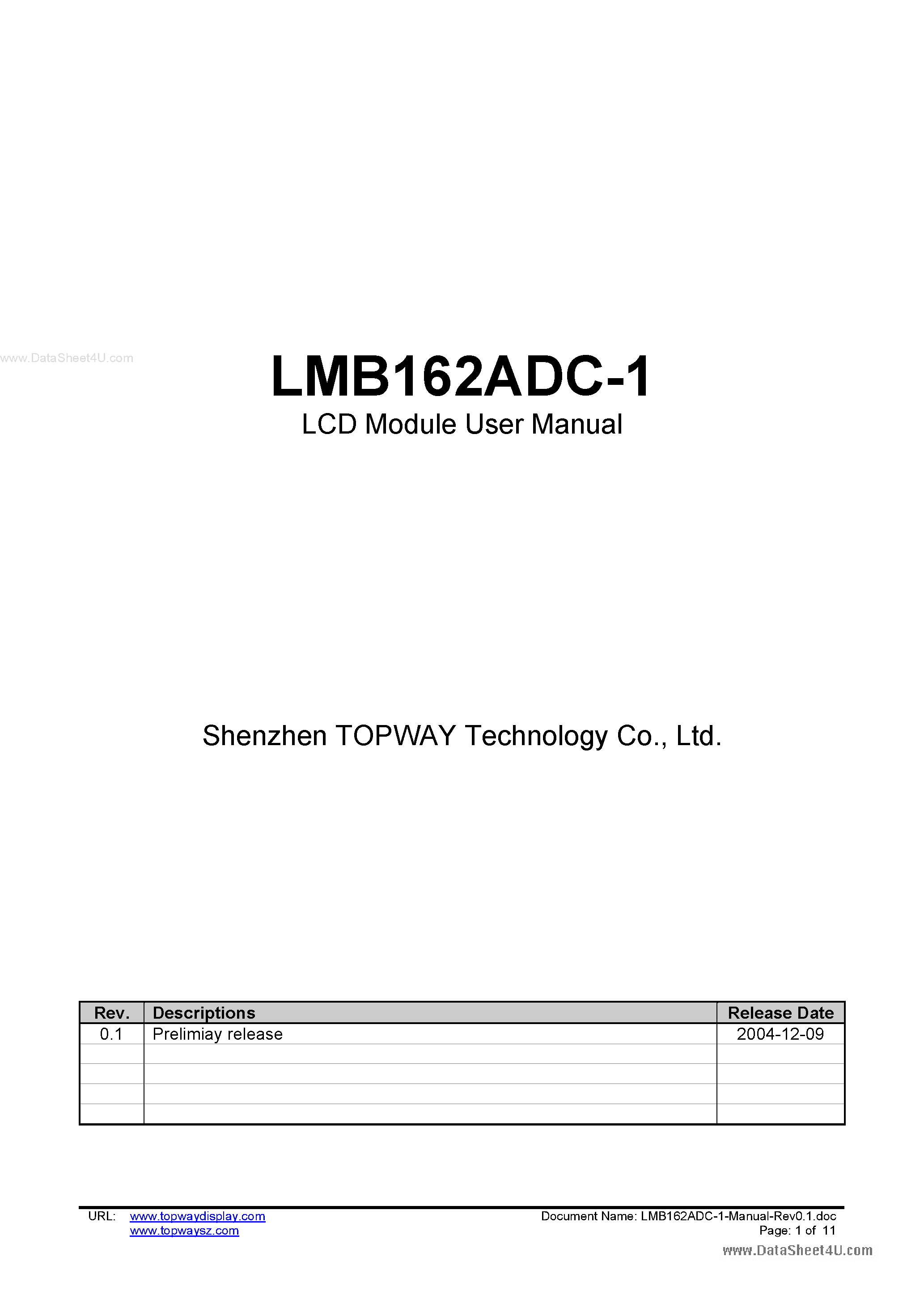 Даташит LMB162ADC-1 - LCD Module страница 1