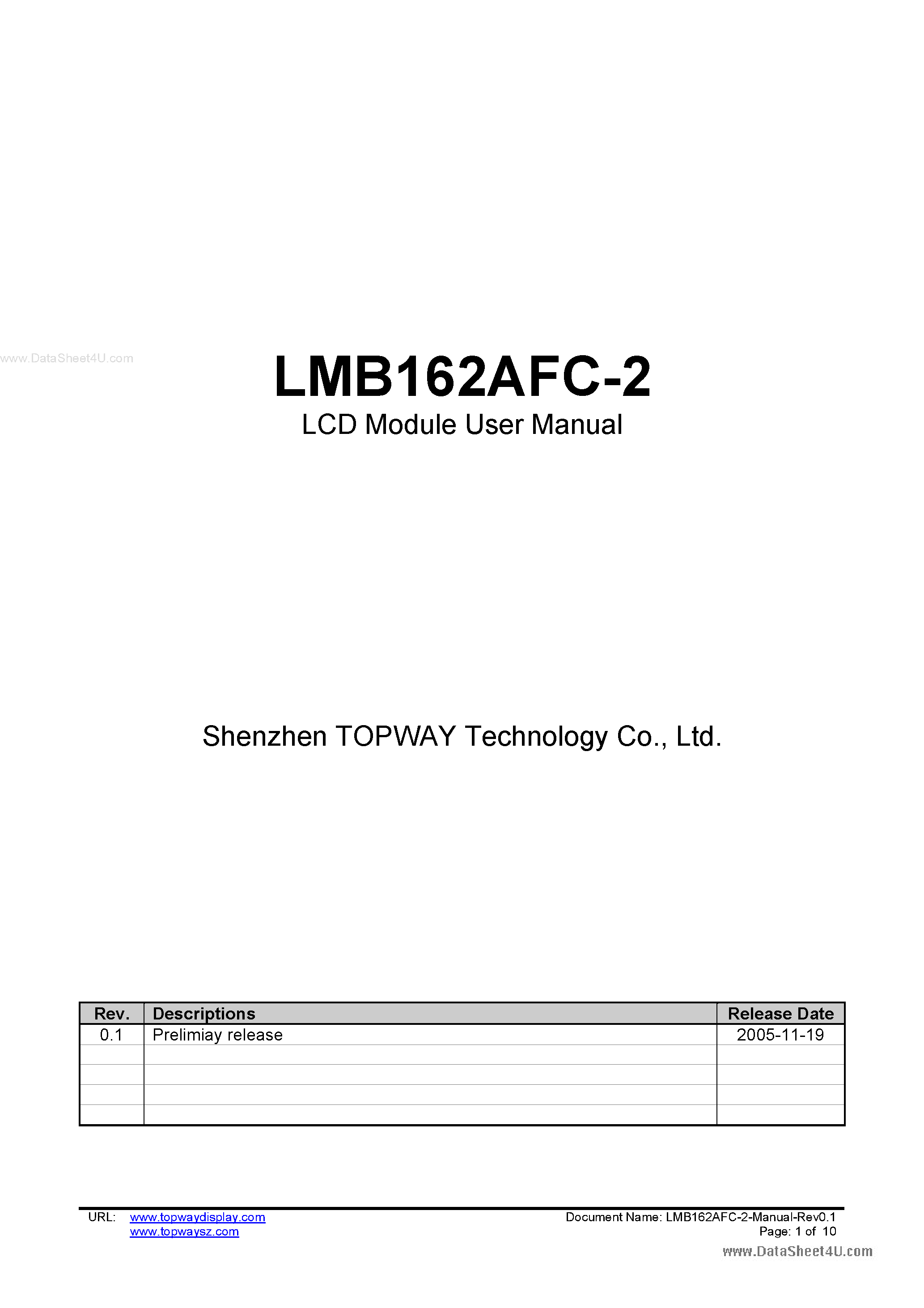 Datasheet LMB162AFC-2 - LCD Module page 1