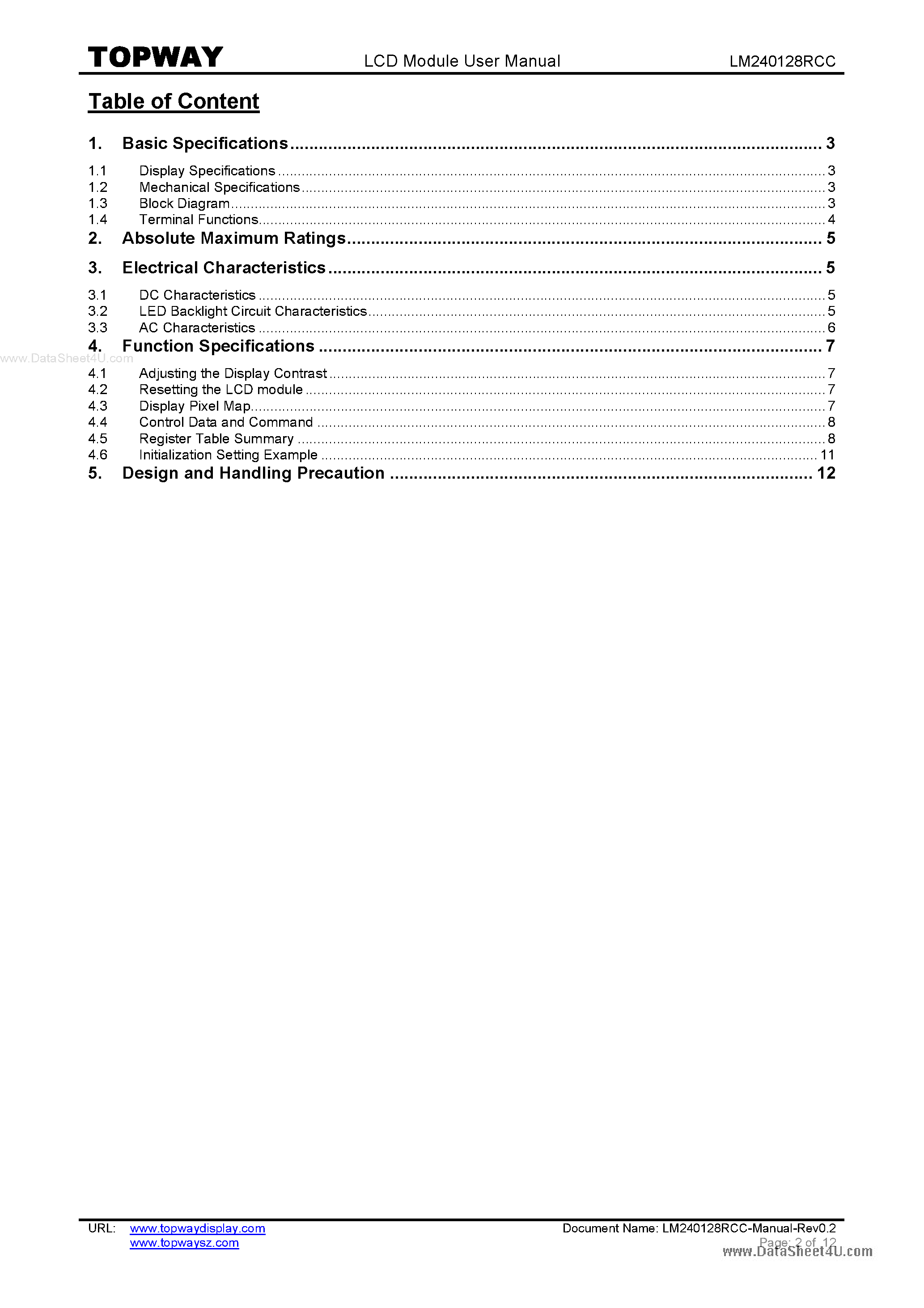Даташит LM240128RCC - LCD Module страница 2