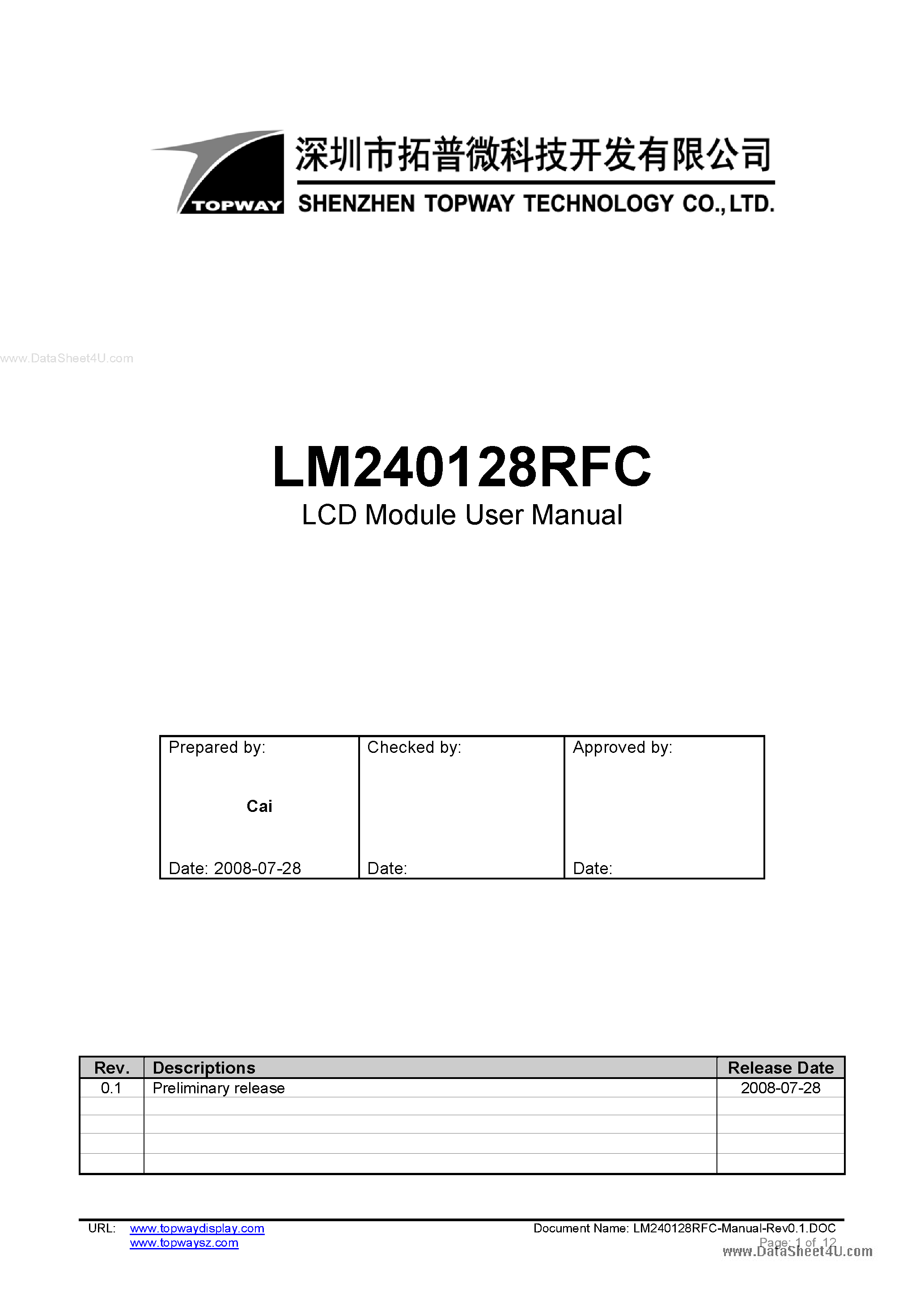 Даташит LM240128RFC - LCD Module страница 1