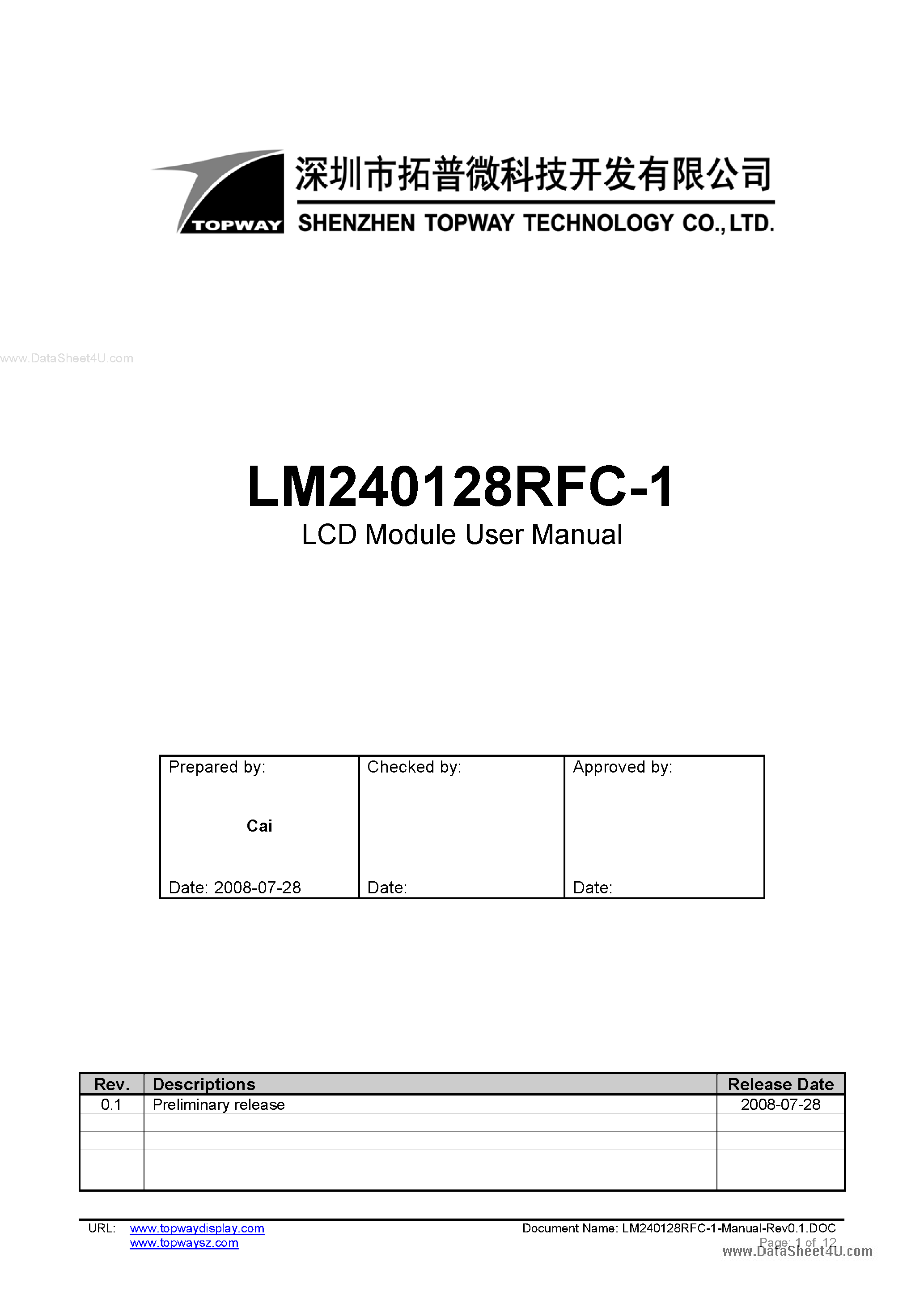 Даташит LM240128RFC-1 - LCD Module страница 1