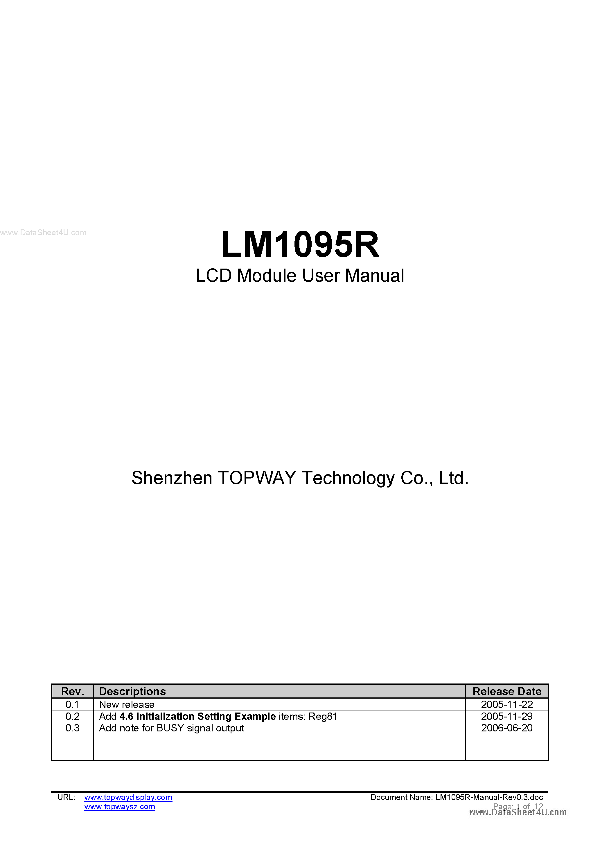 Datasheet LM1095R page 1 Datasheet LM1095R - LCD Module page 1