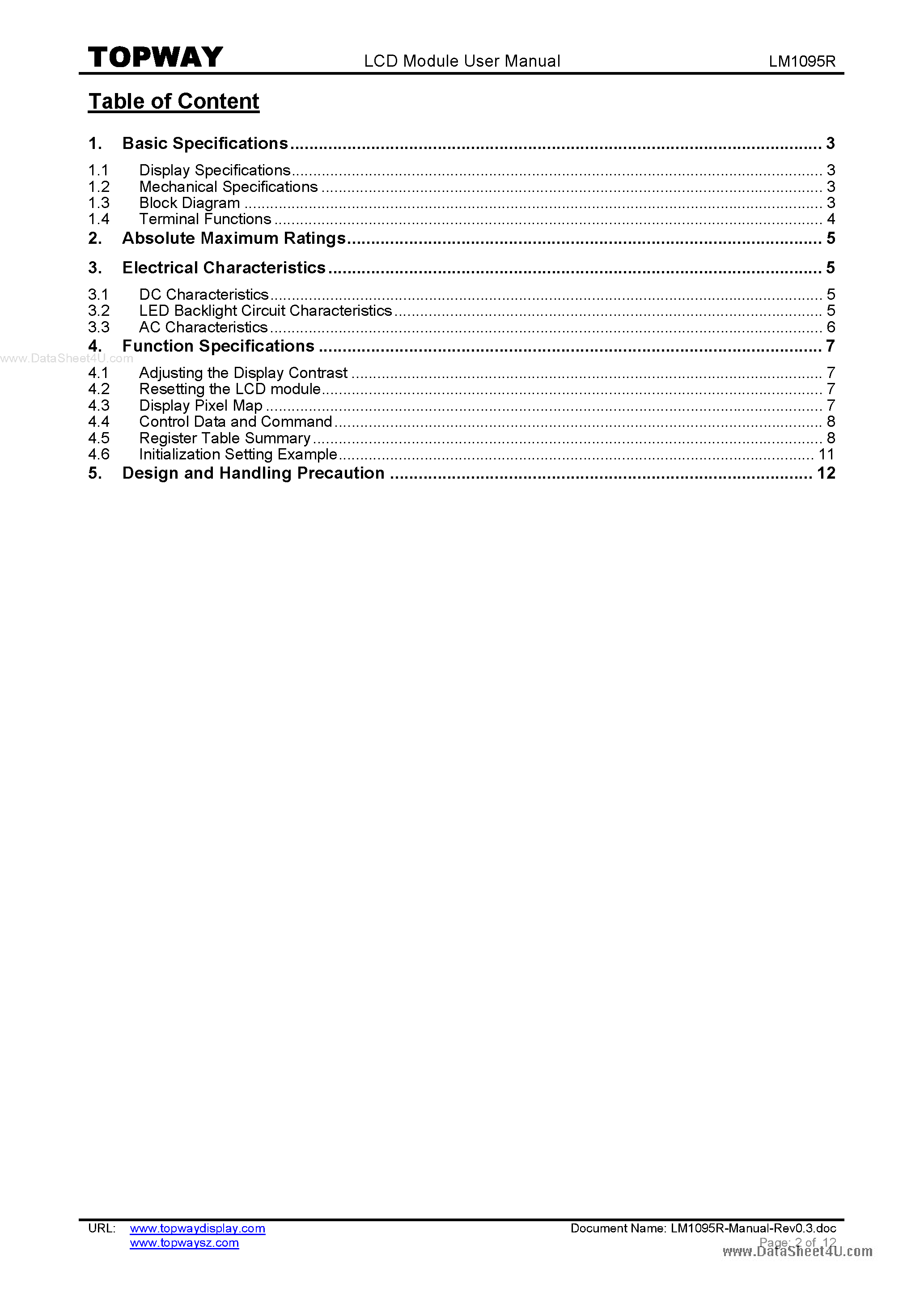 Datasheet LM1095R page 2 Datasheet LM1095R - LCD Module page 2