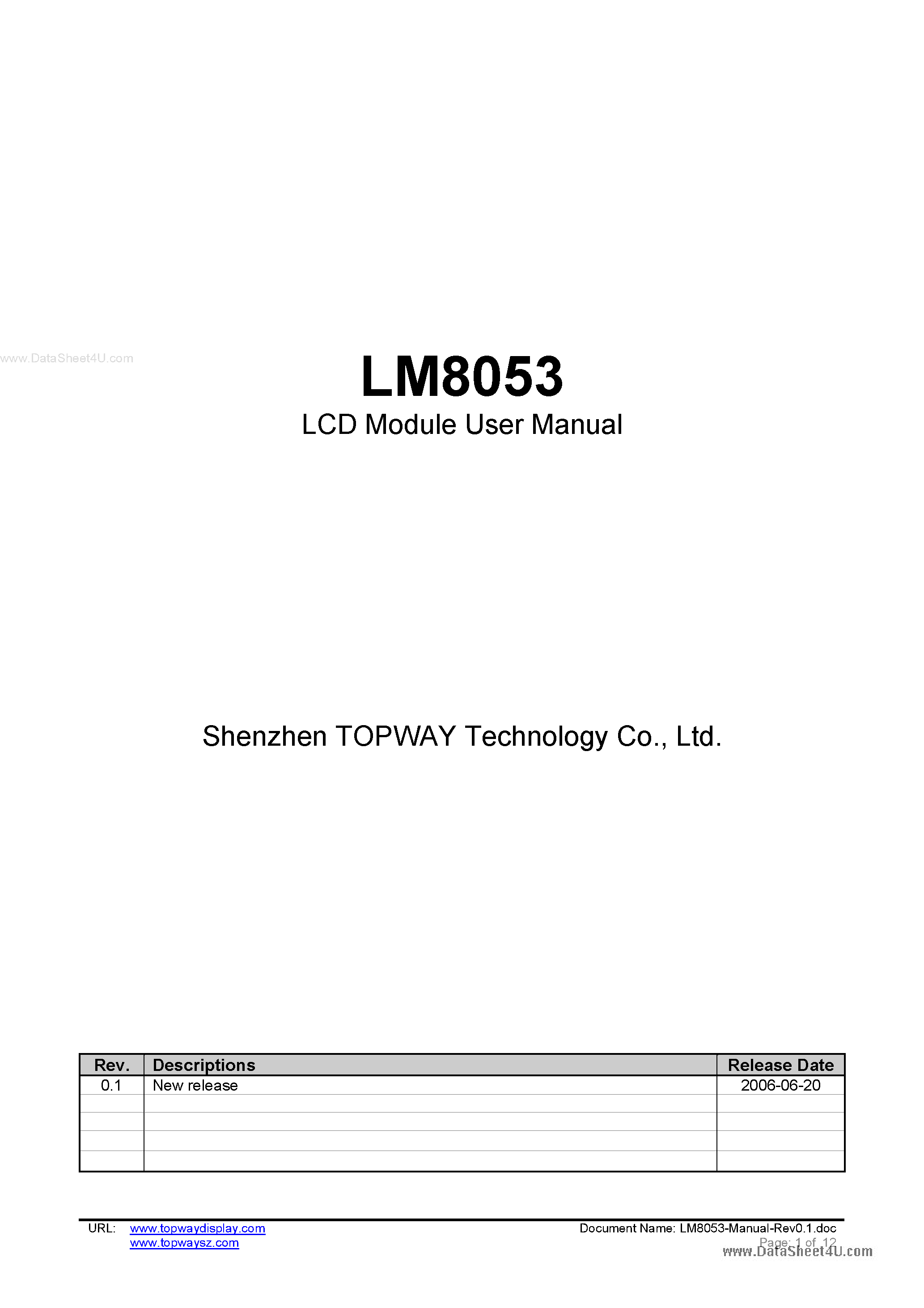 Datasheet LM8053 page 1 Datasheet LM8053 - LCD Module page 1