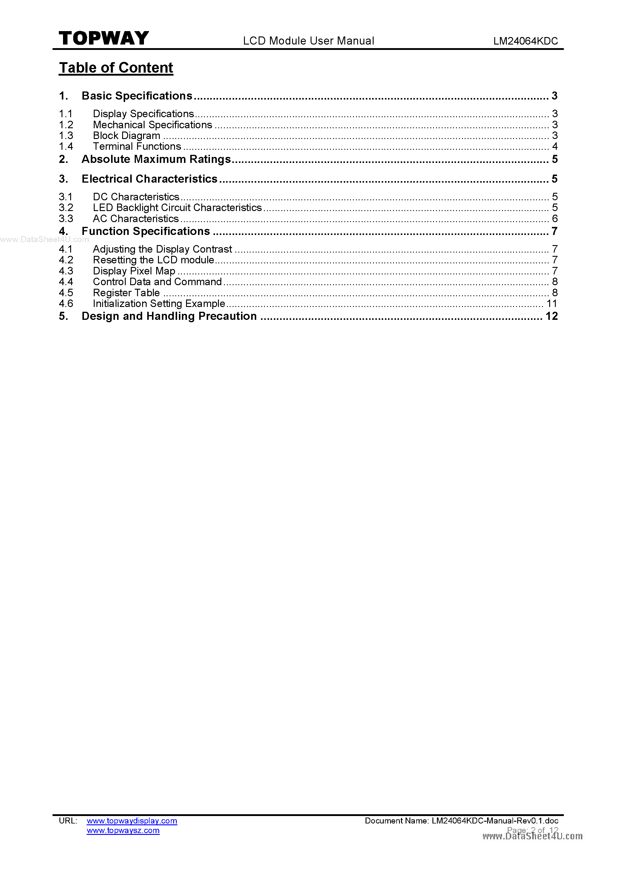 Даташит LM24064KDC - LCD Module страница 2
