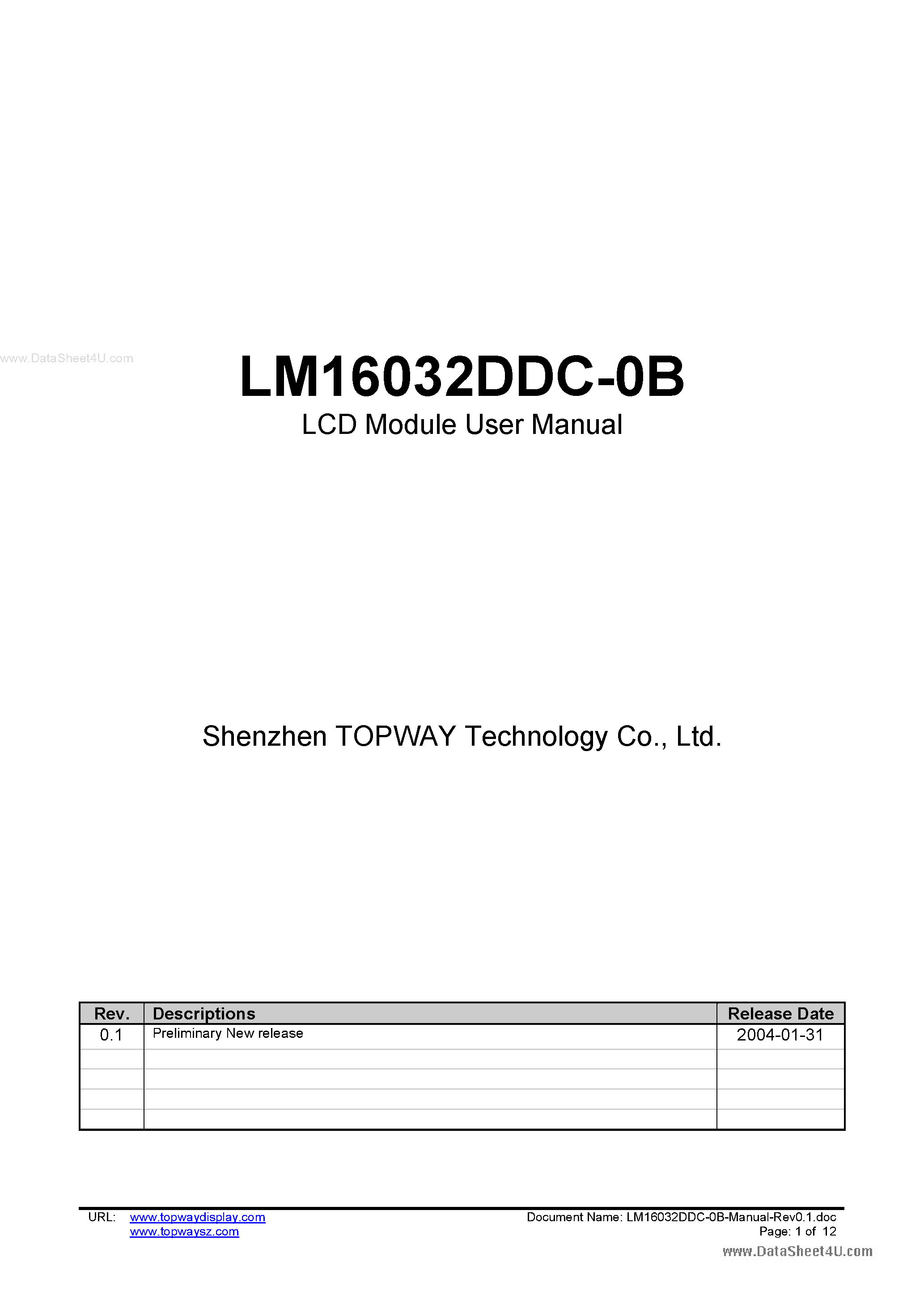 Datasheet LM16032DDC-0B - LCD Module page 1