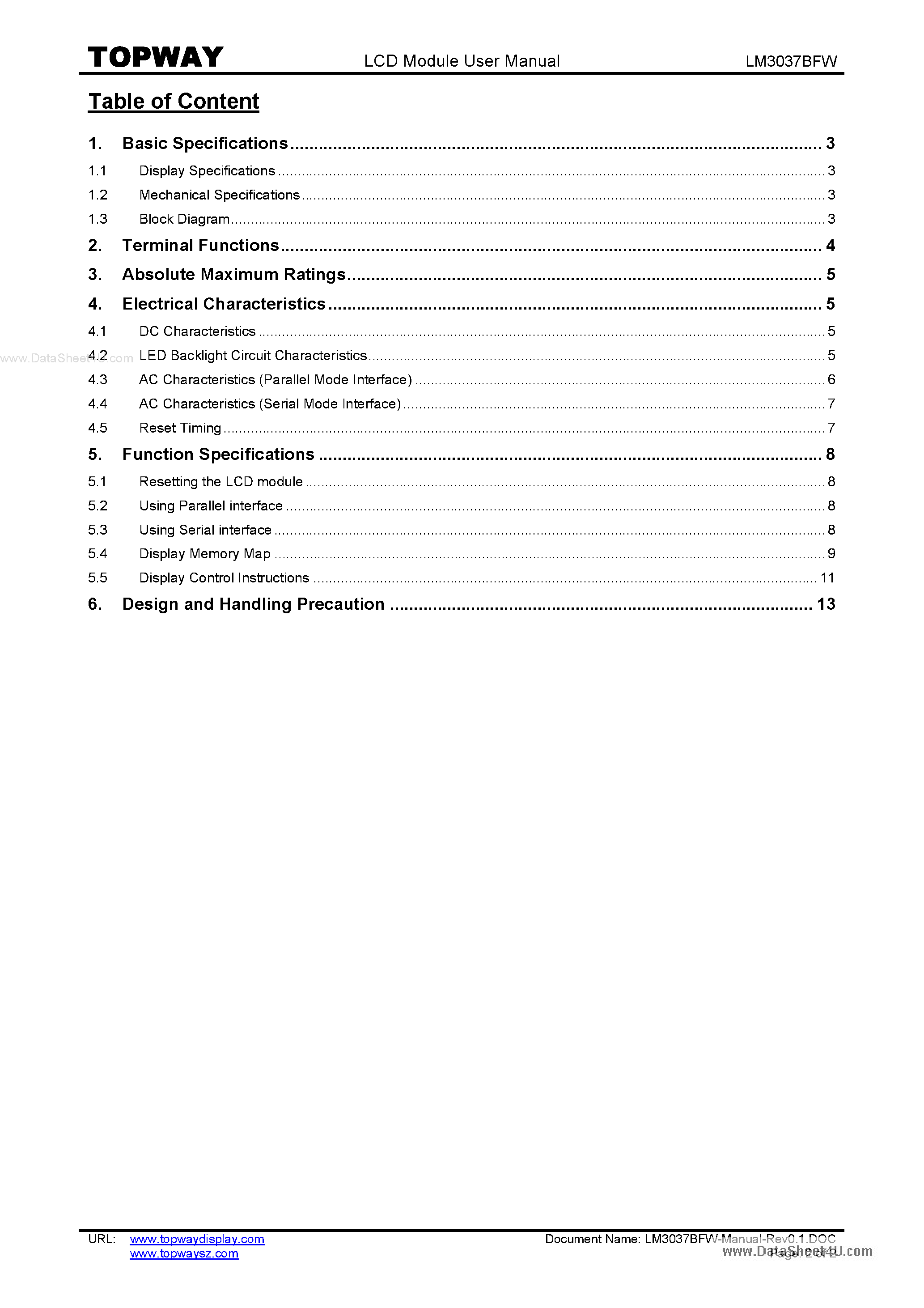Даташит LM3037BFW - LCD Module страница 2