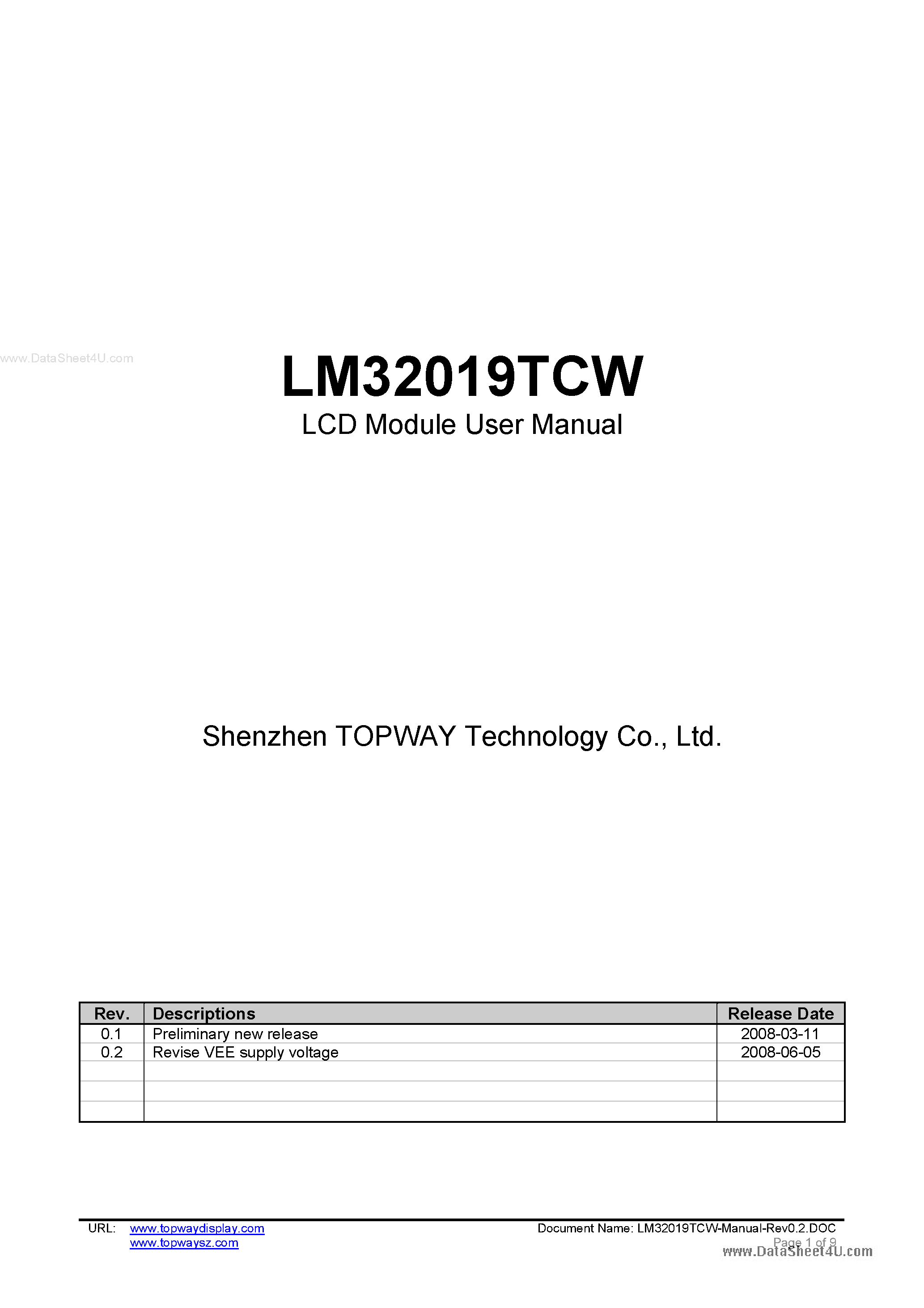 Datasheet LM32019TCW page 1 Datasheet LM32019TCW - LCD Module page 1