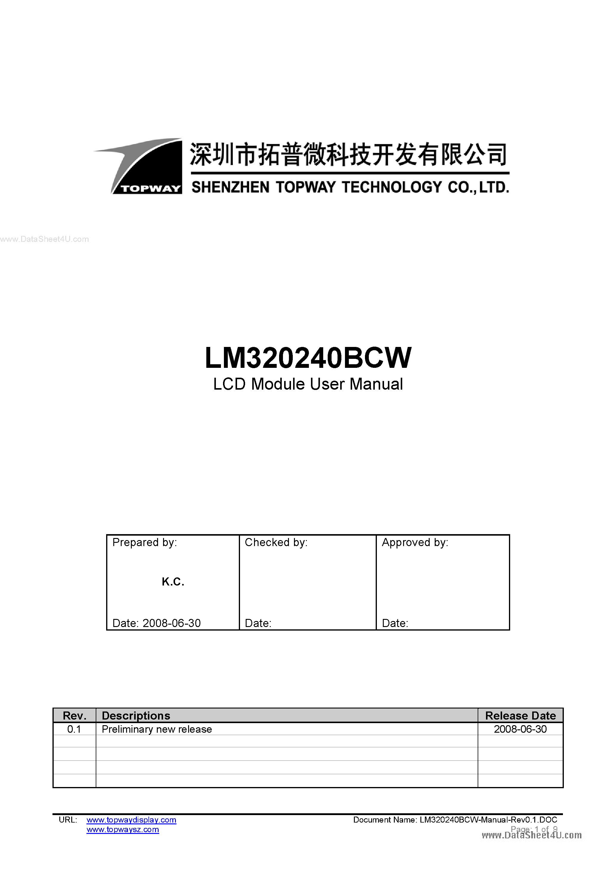 Datasheet LM320240BCW page 1 Datasheet LM320240BCW - LCD Module page 1