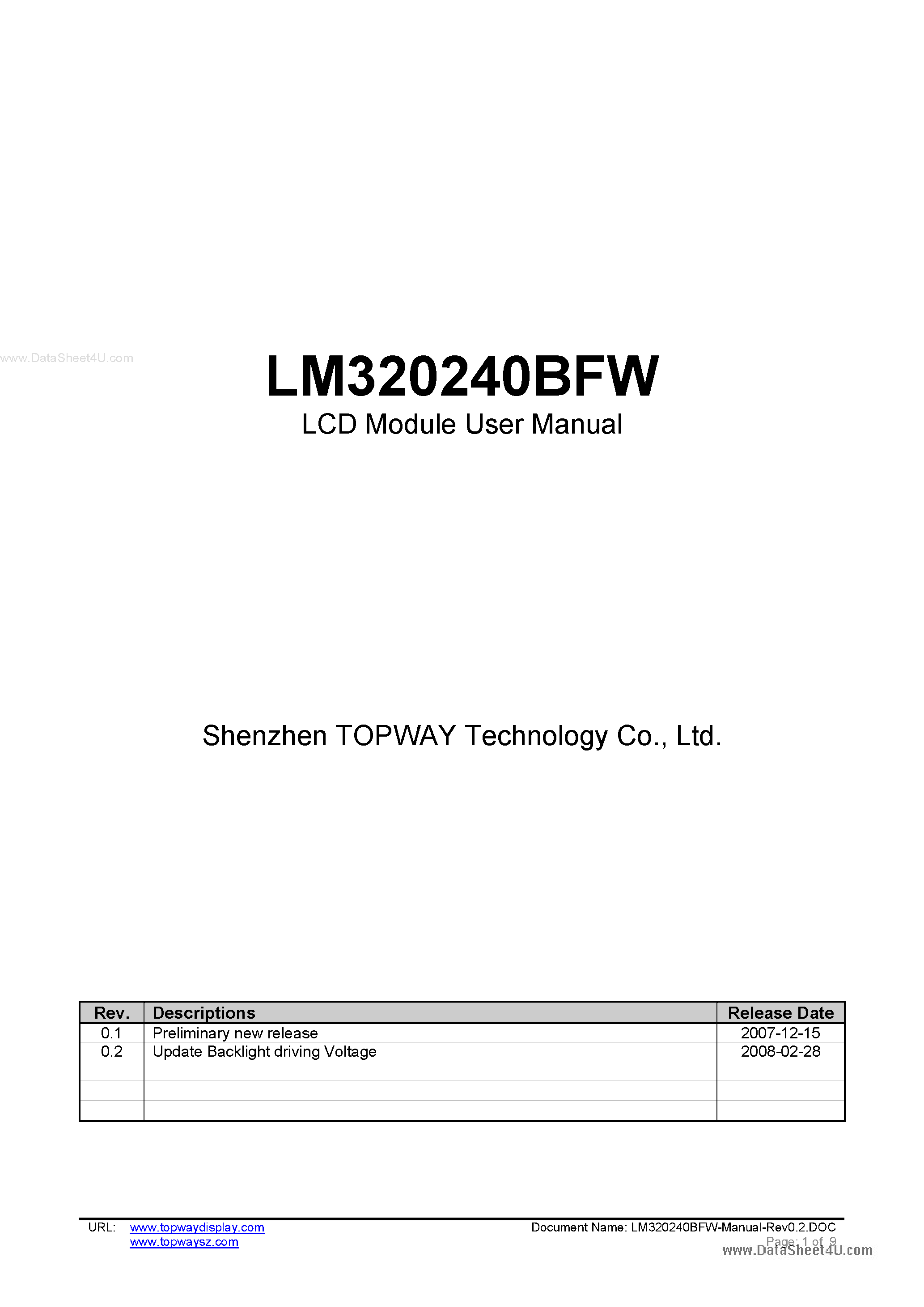Datasheet LM320240BFW page 1 Datasheet LM320240BFW - LCD Module page 1