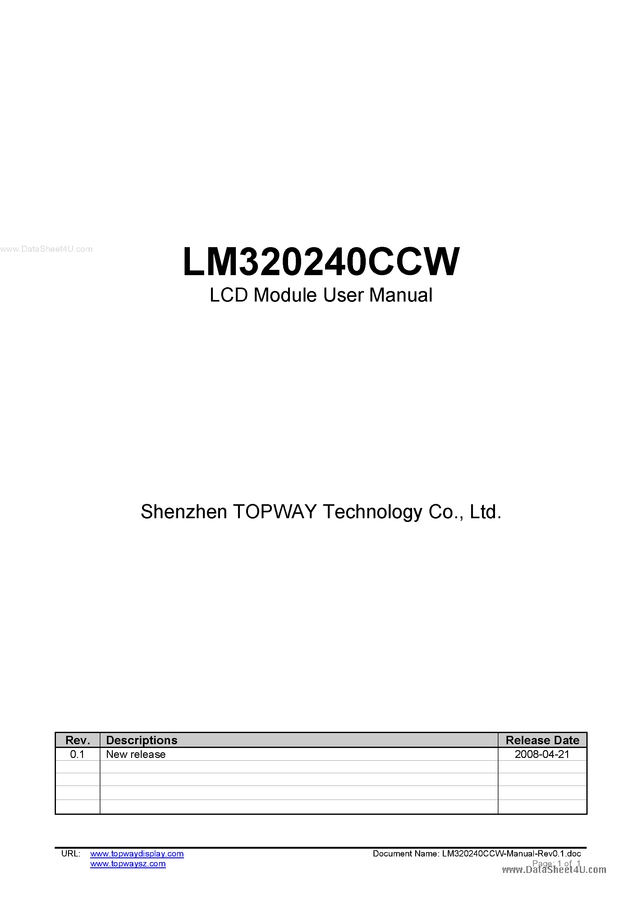 Datasheet LM320240CCW page 1 Datasheet LM320240CCW - LCD Module page 1
