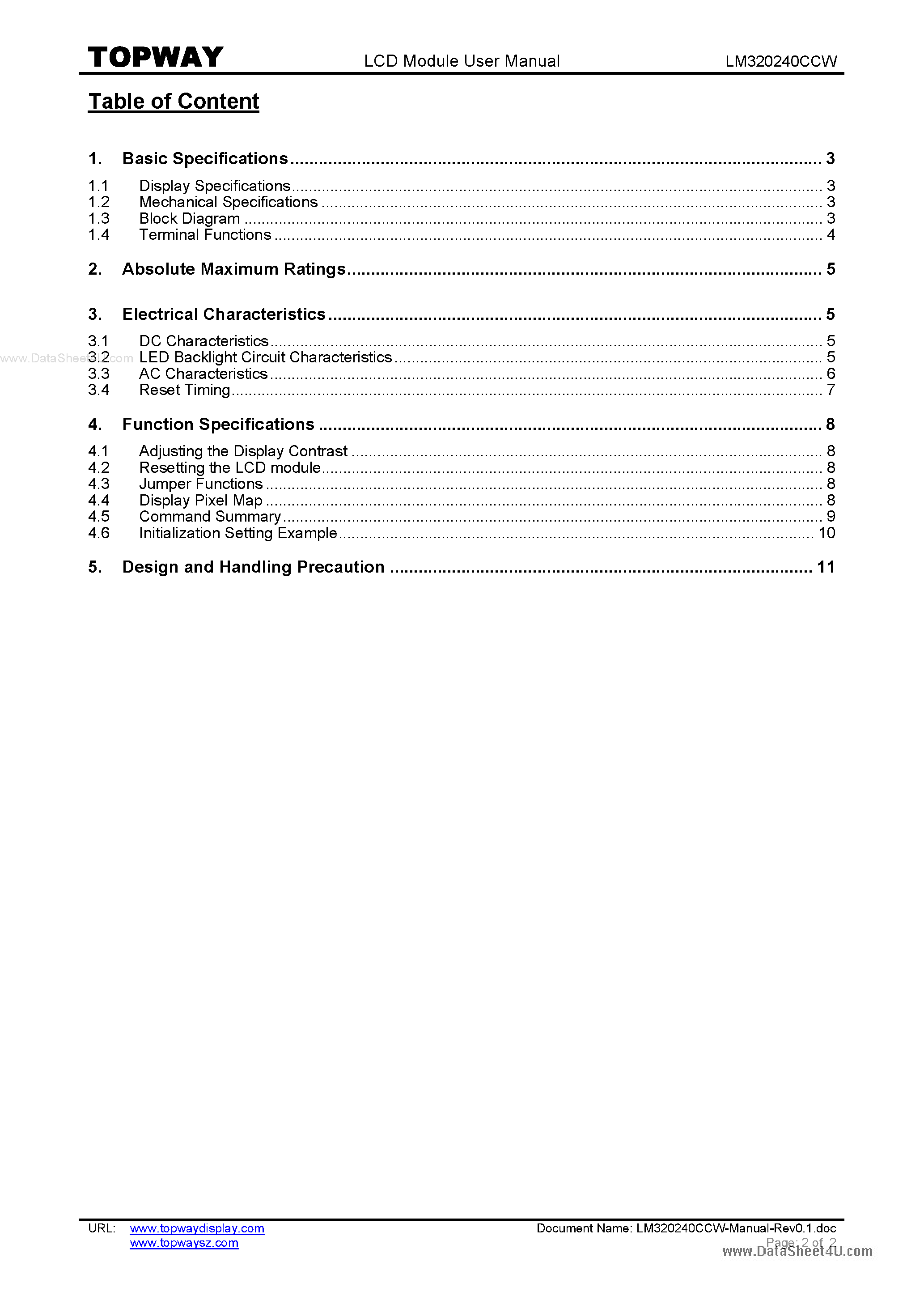 Datasheet LM320240CCW page 2 Datasheet LM320240CCW - LCD Module page 2