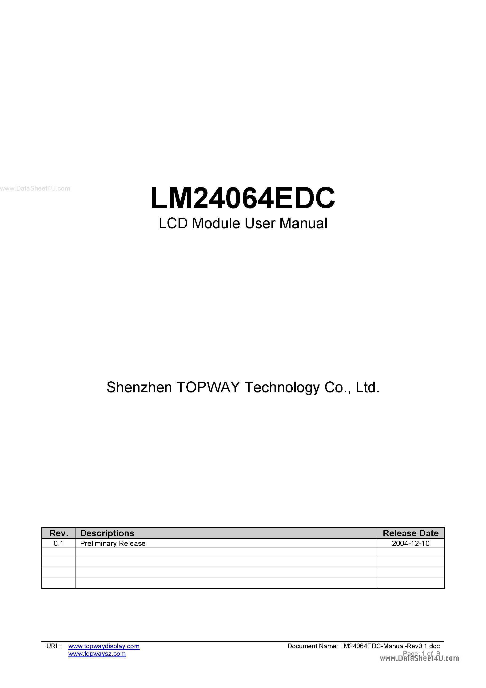 Даташит LM24064EDC - LCD Module страница 1
