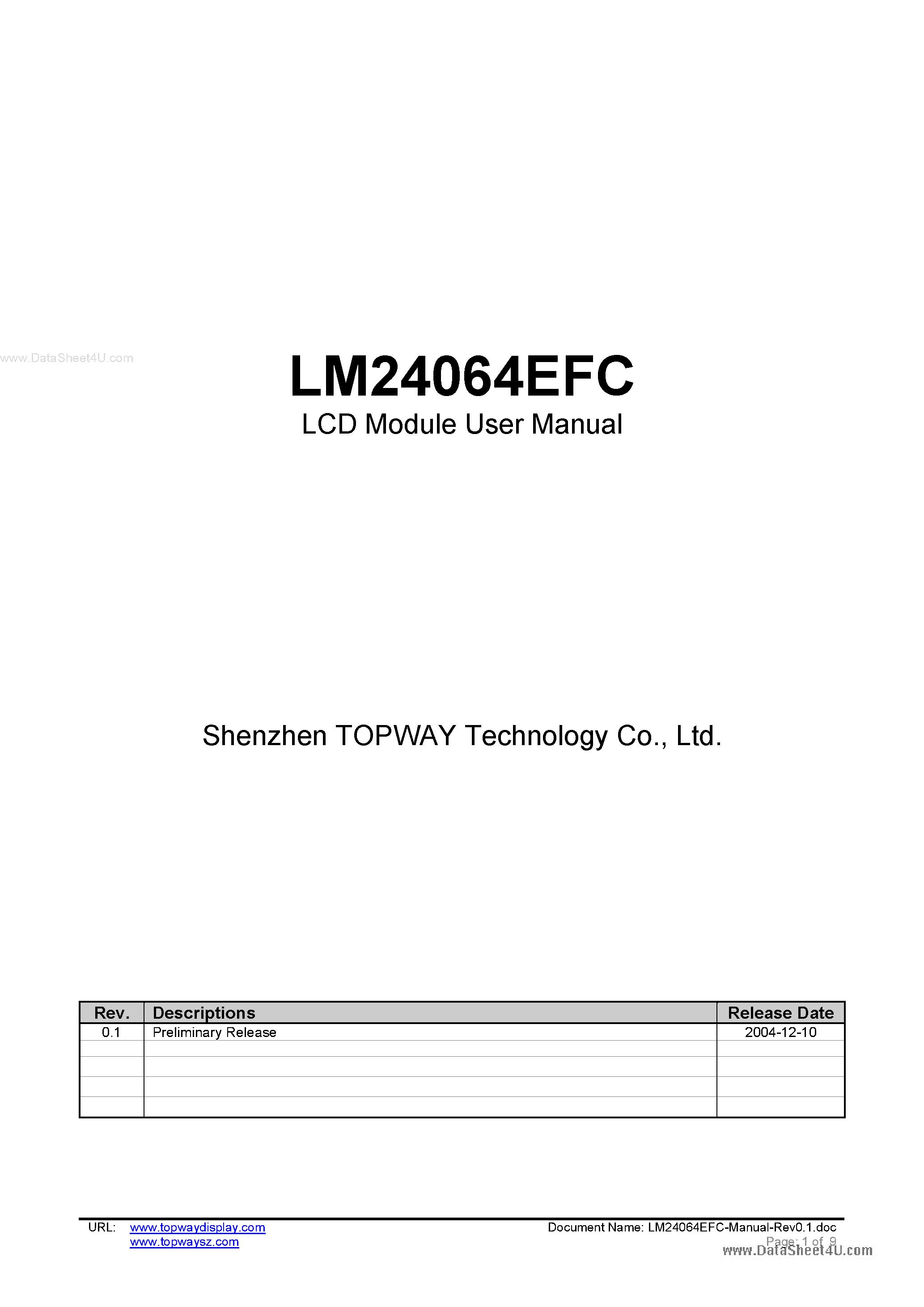 Даташит LM24064EFC - LCD Module страница 1