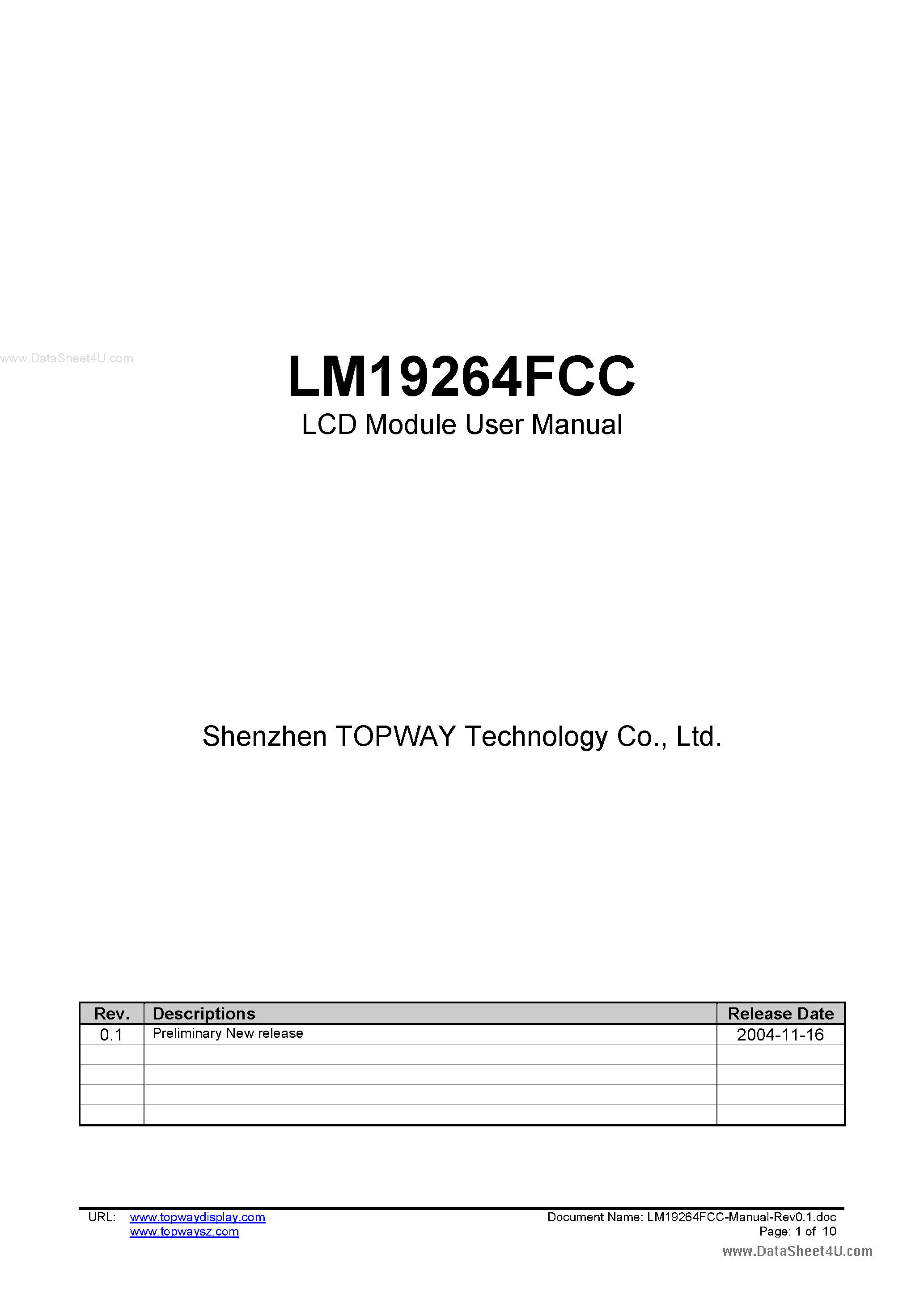 Datasheet LM19264FCC - LCD Module page 1