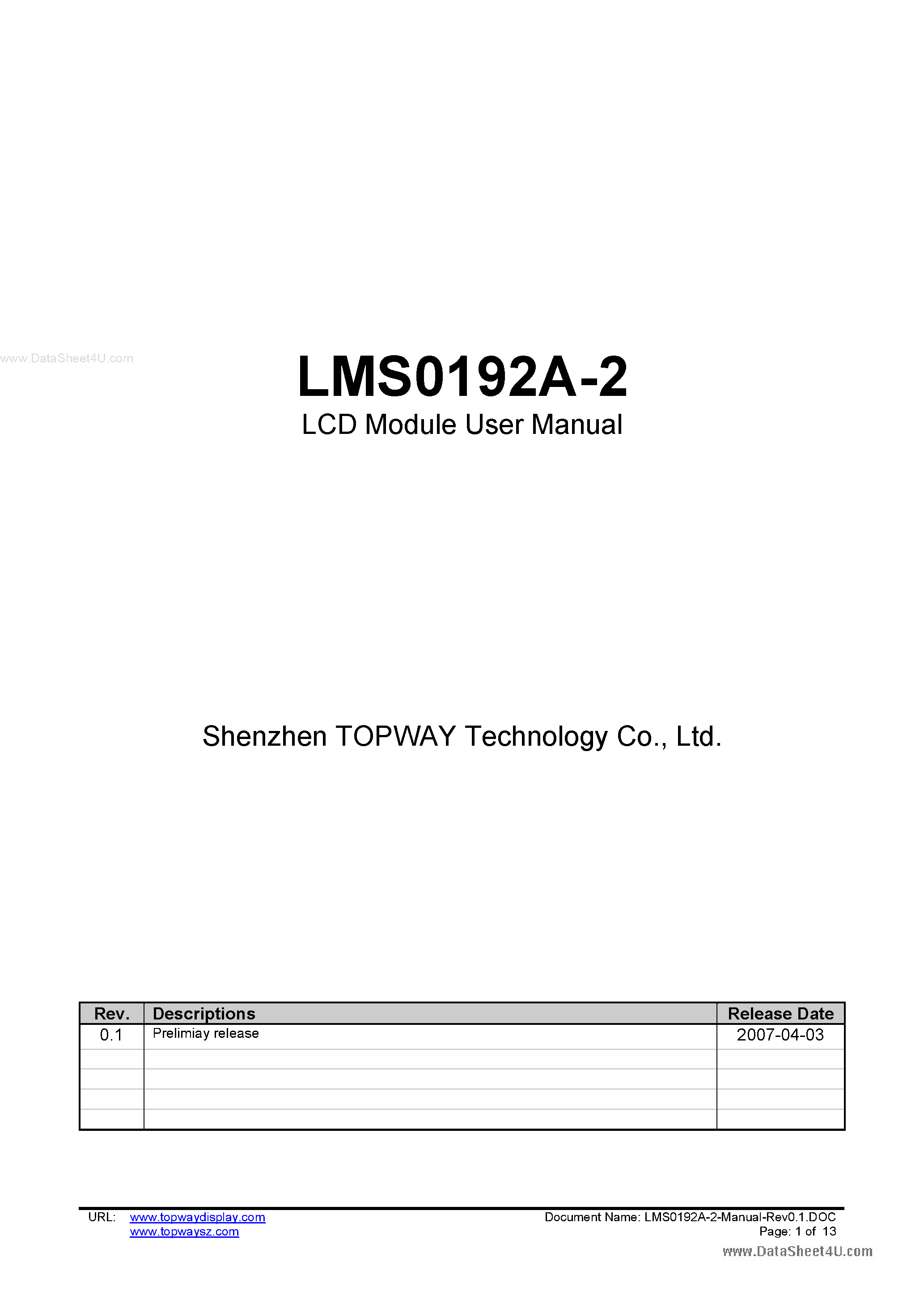 Datasheet LMS0192A-2 - LCD Module page 1
