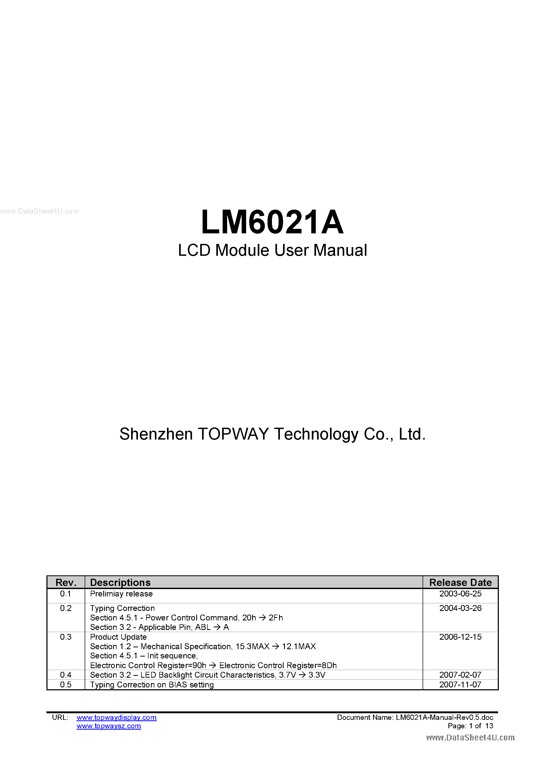 Даташит LM6021A - LCD Module страница 1