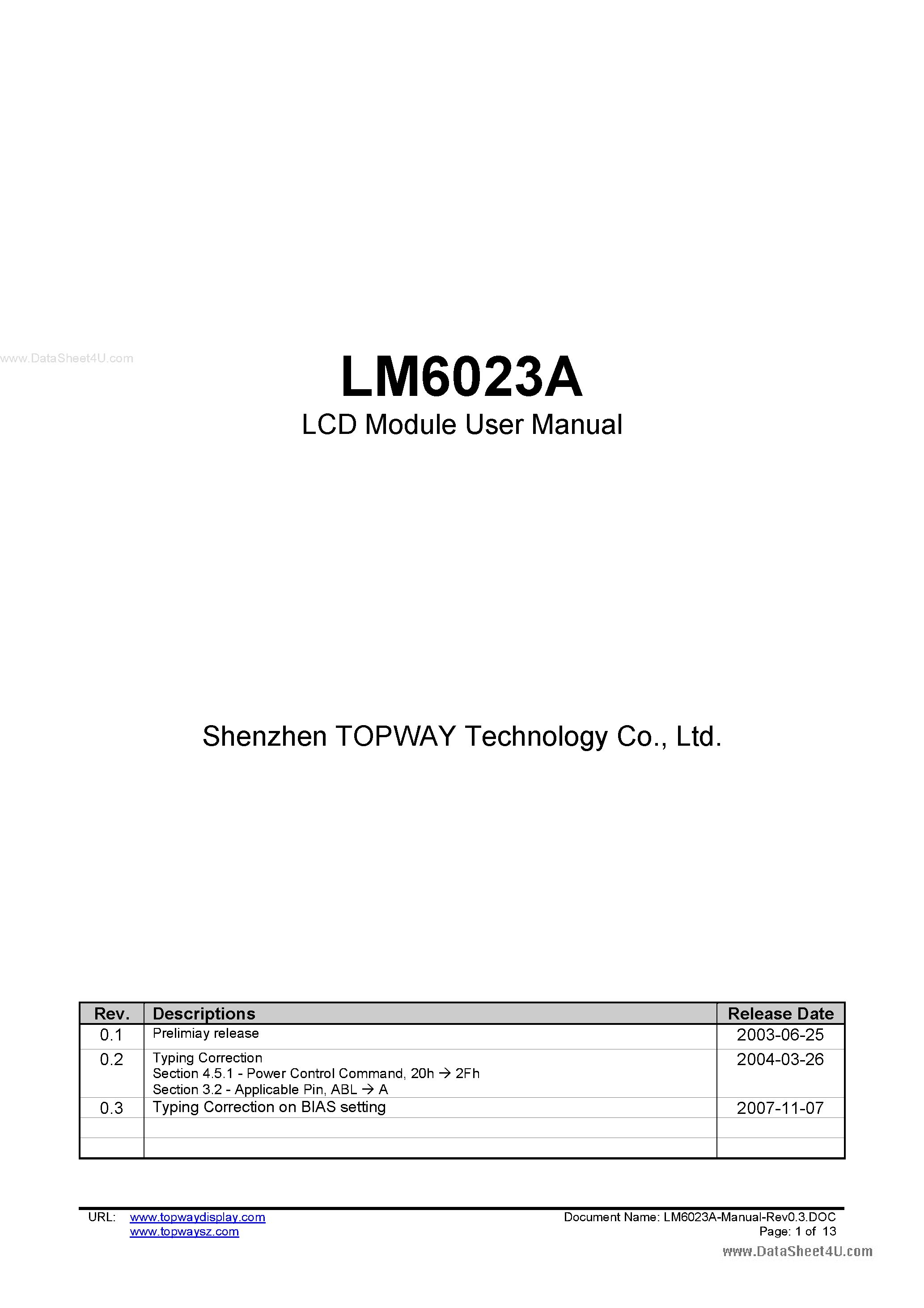 Datasheet LM6023A page 1 Datasheet LM6023A - LCD Module page 1