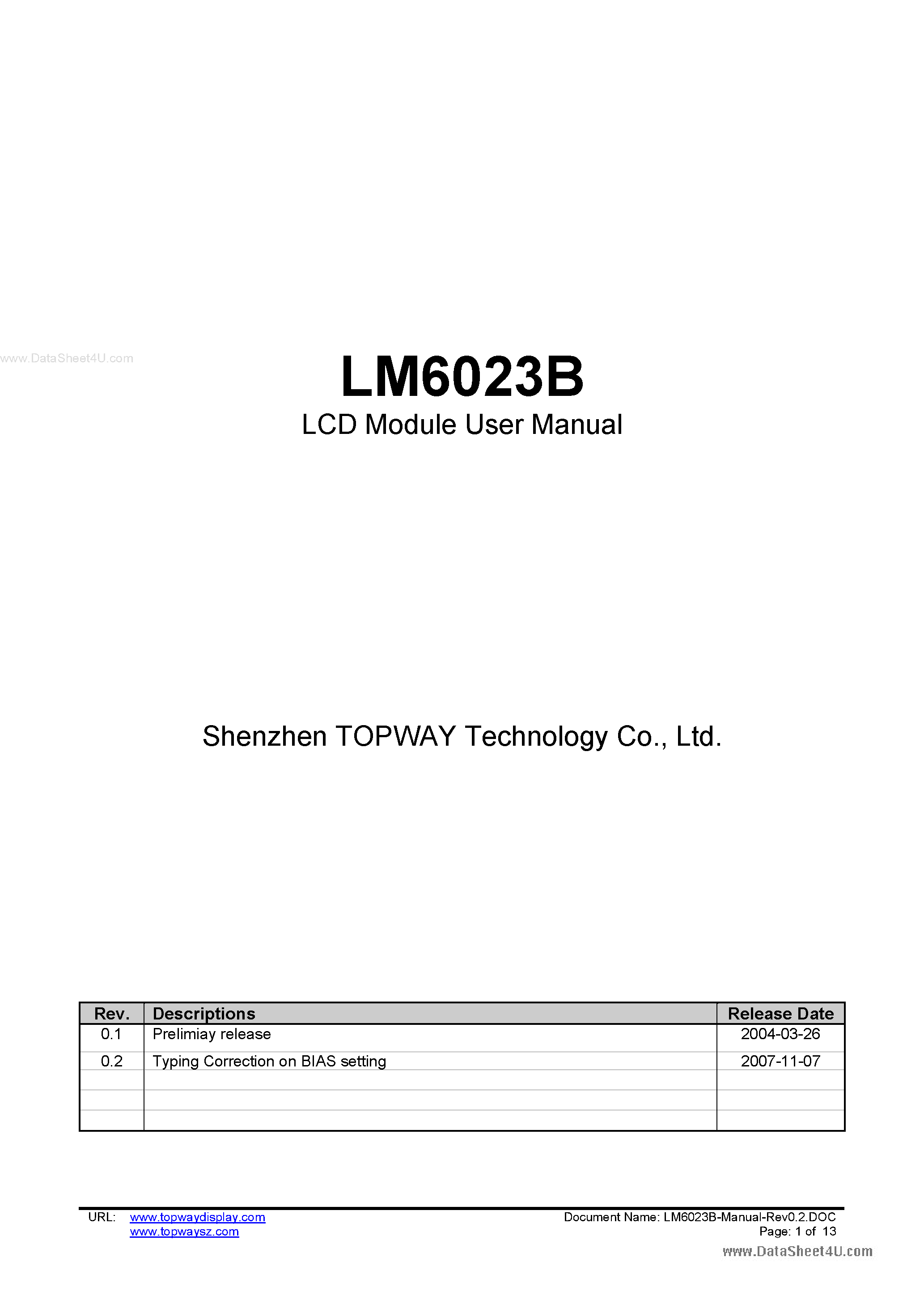 Datasheet LM6023B page 1 Datasheet LM6023B - LCD Module page 1
