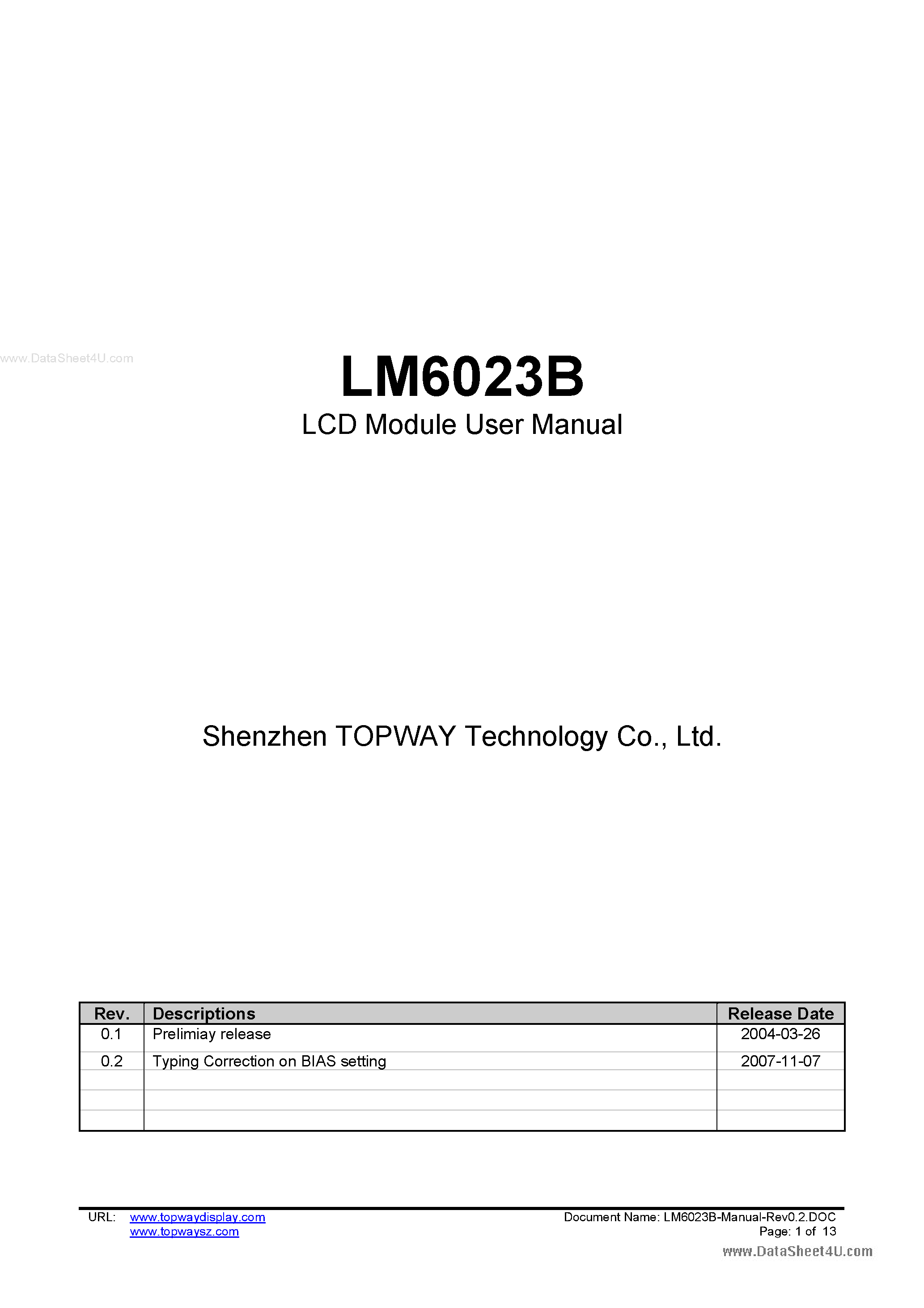 Даташит LM6023B - LCD Module страница 1