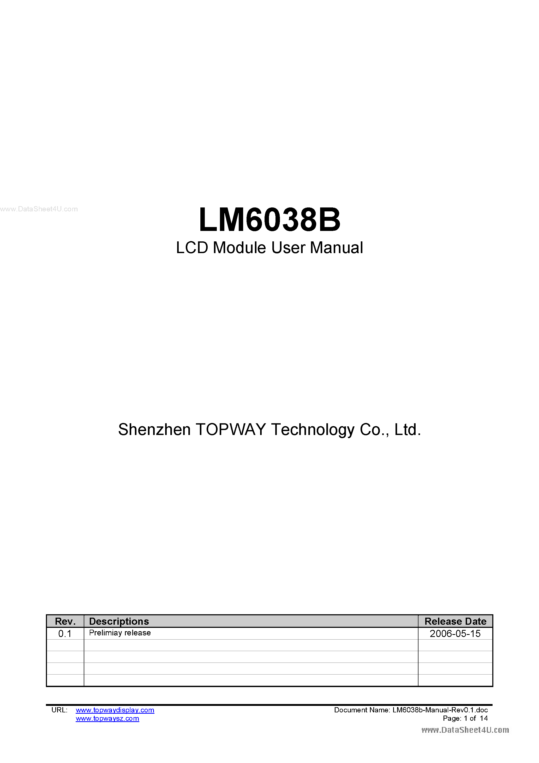 Datasheet LM6038B - LCD Module page 1