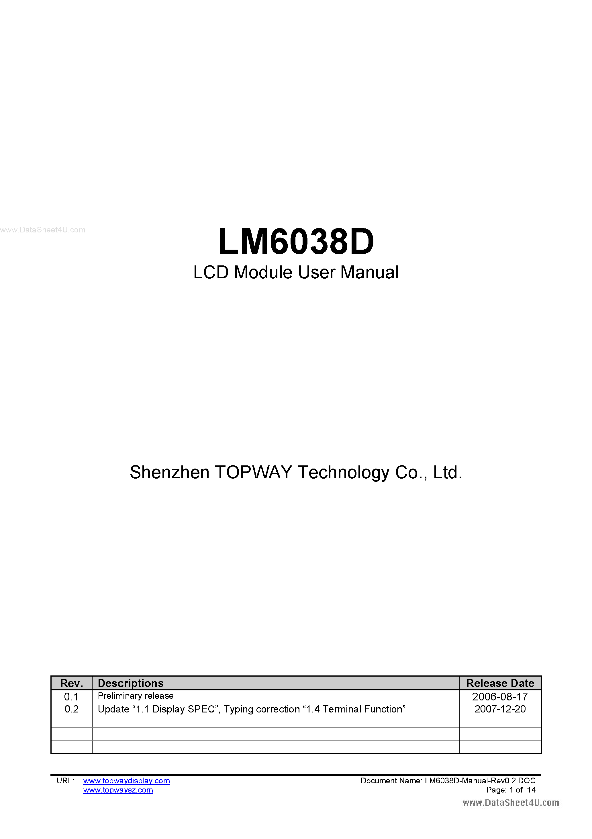 Datasheet LM6038D - LCD Module page 1