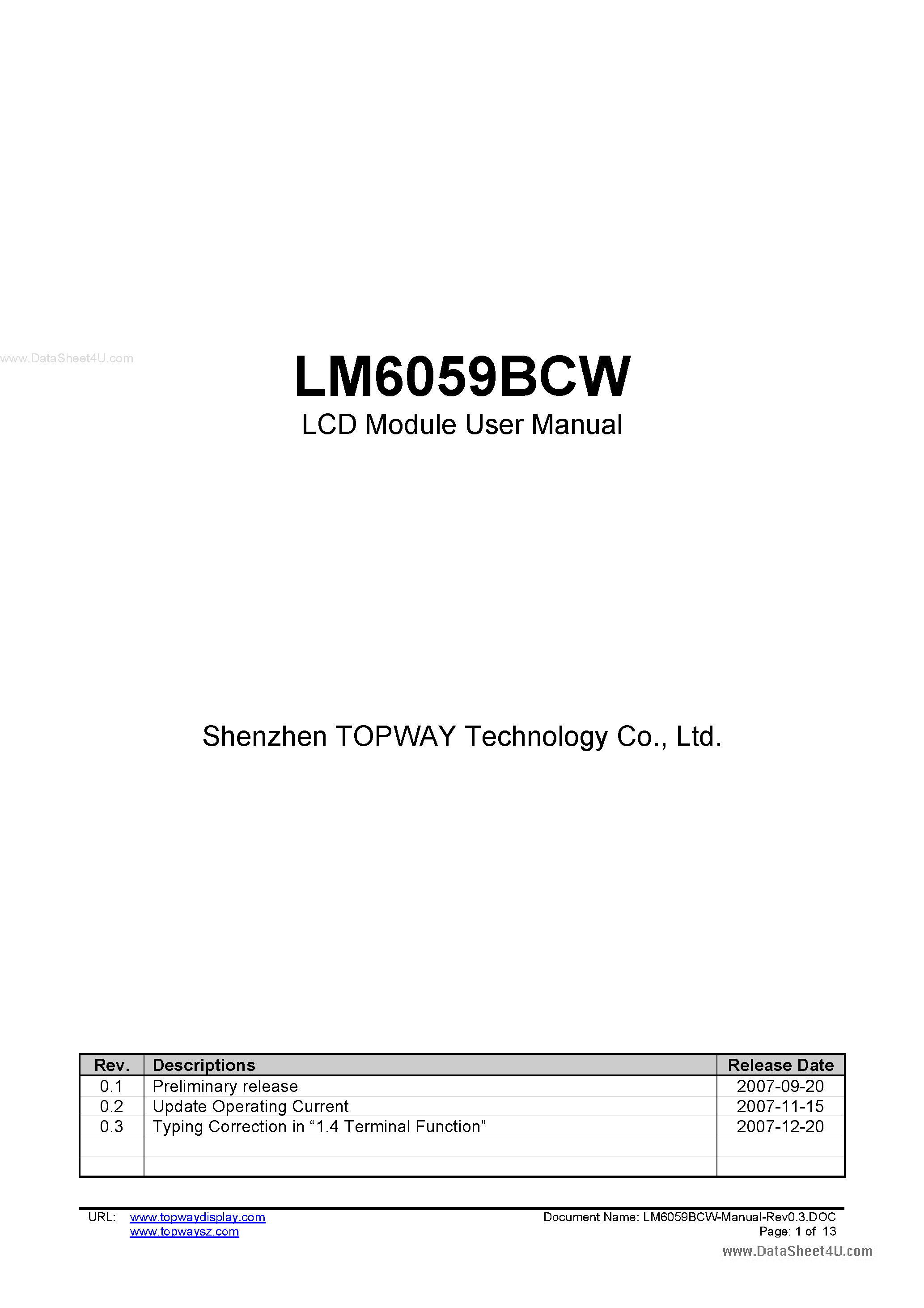 Datasheet LM6059BCW - LCD Module page 1