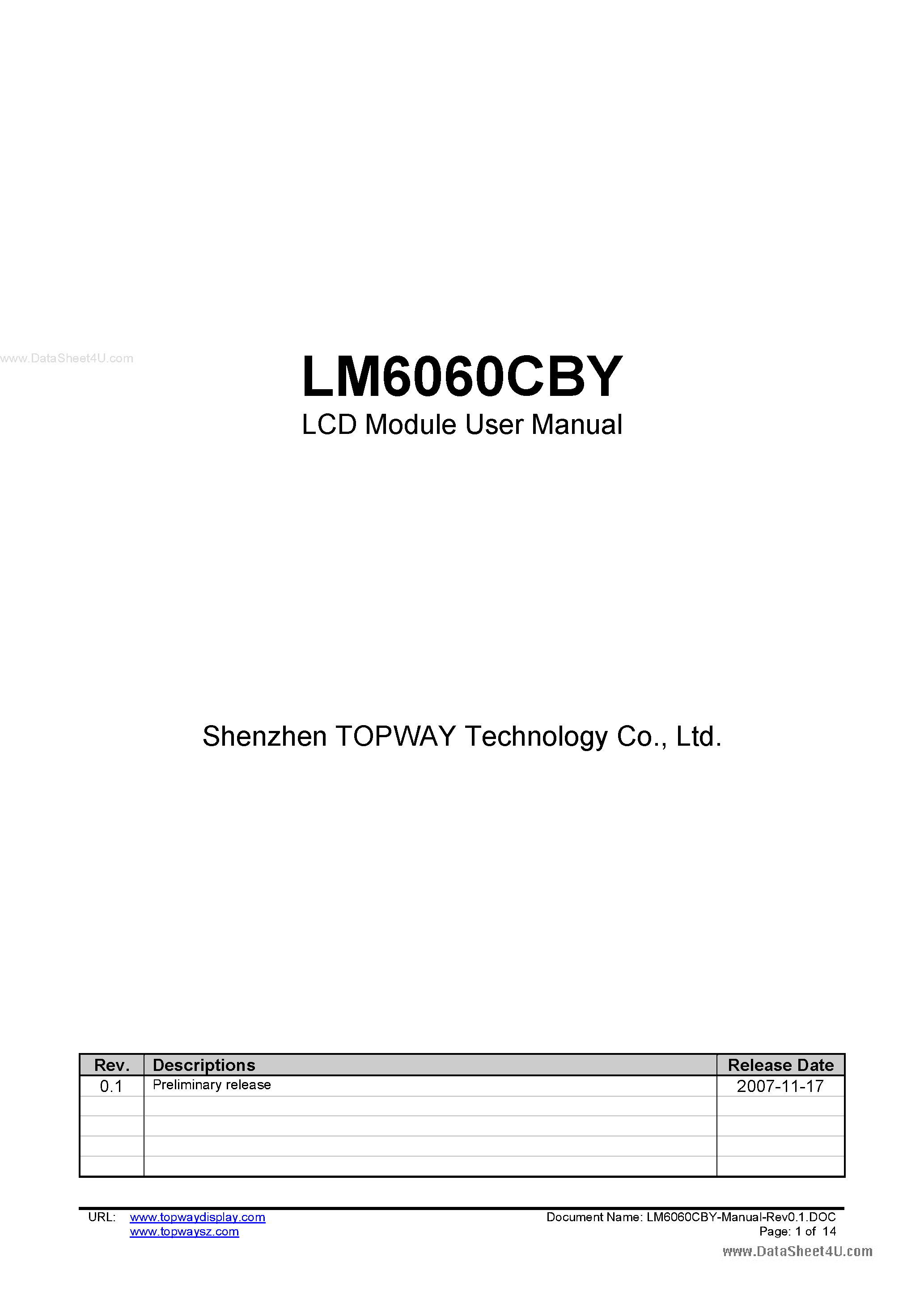 Даташит LM6060CBY - LCD Module страница 1