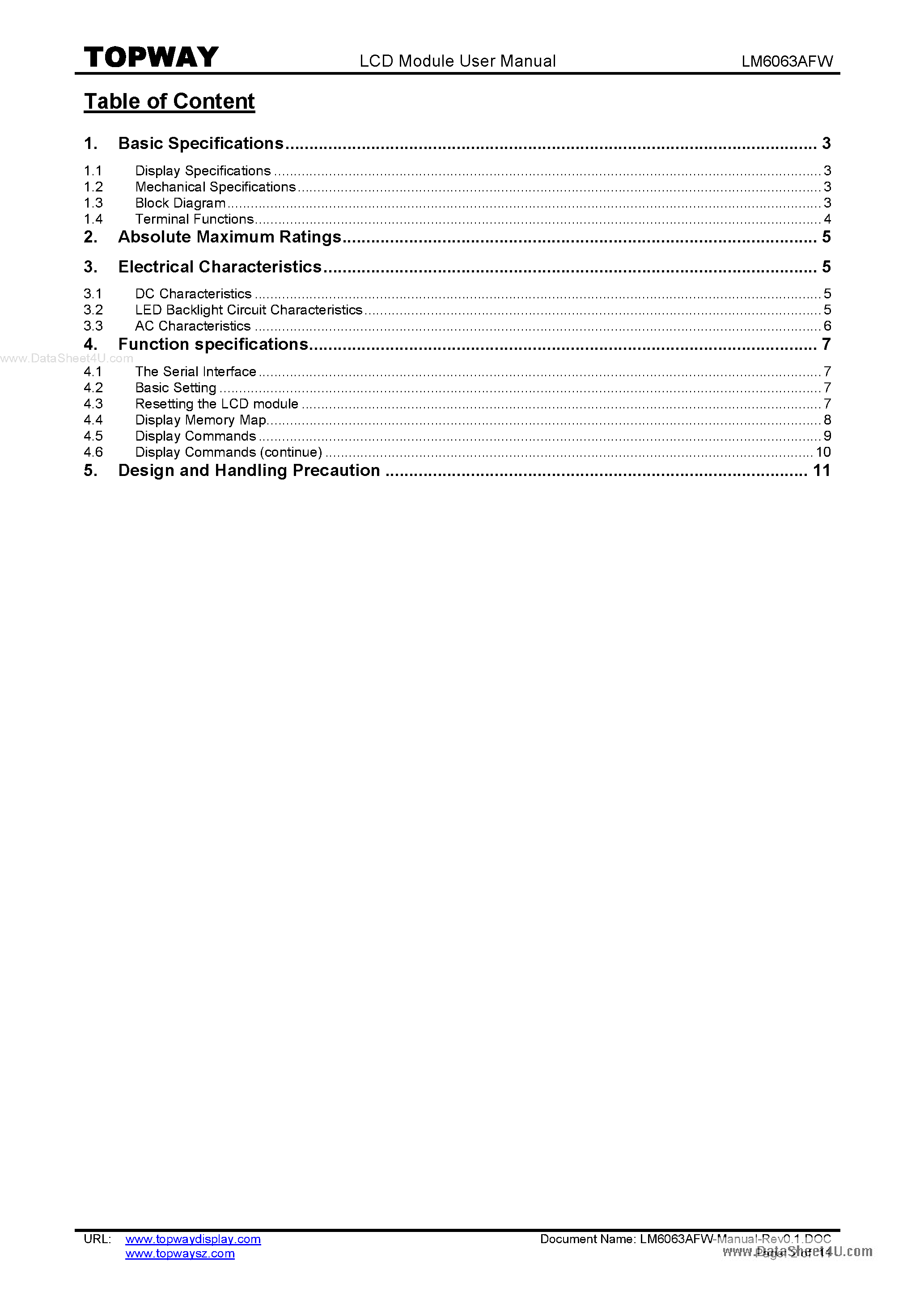Datasheet LM6063AFW page 2 Datasheet LM6063AFW - LCD Module page 2