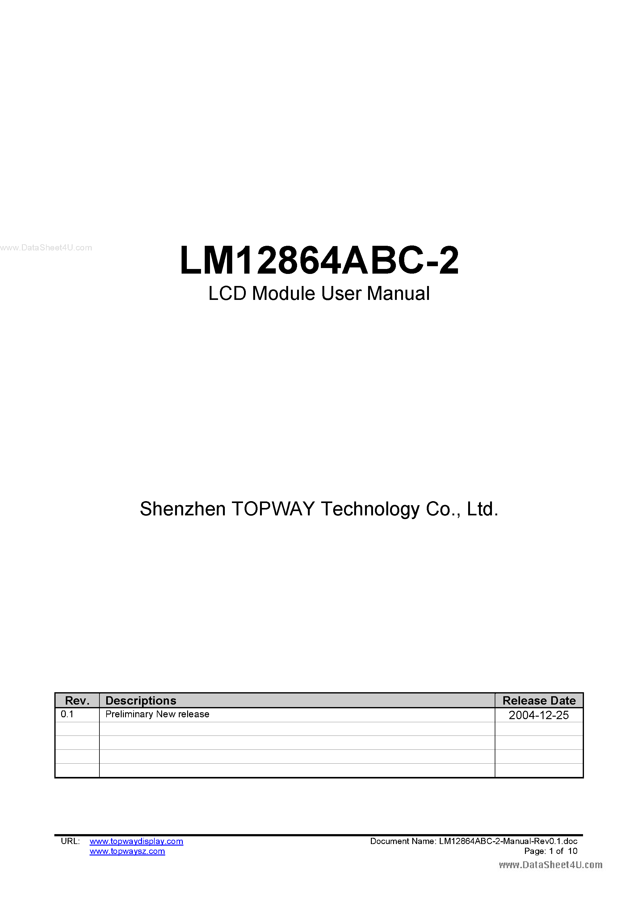 Datasheet LM12864ABC-2 page 1 Datasheet LM12864ABC-2 - LCD Module page 1