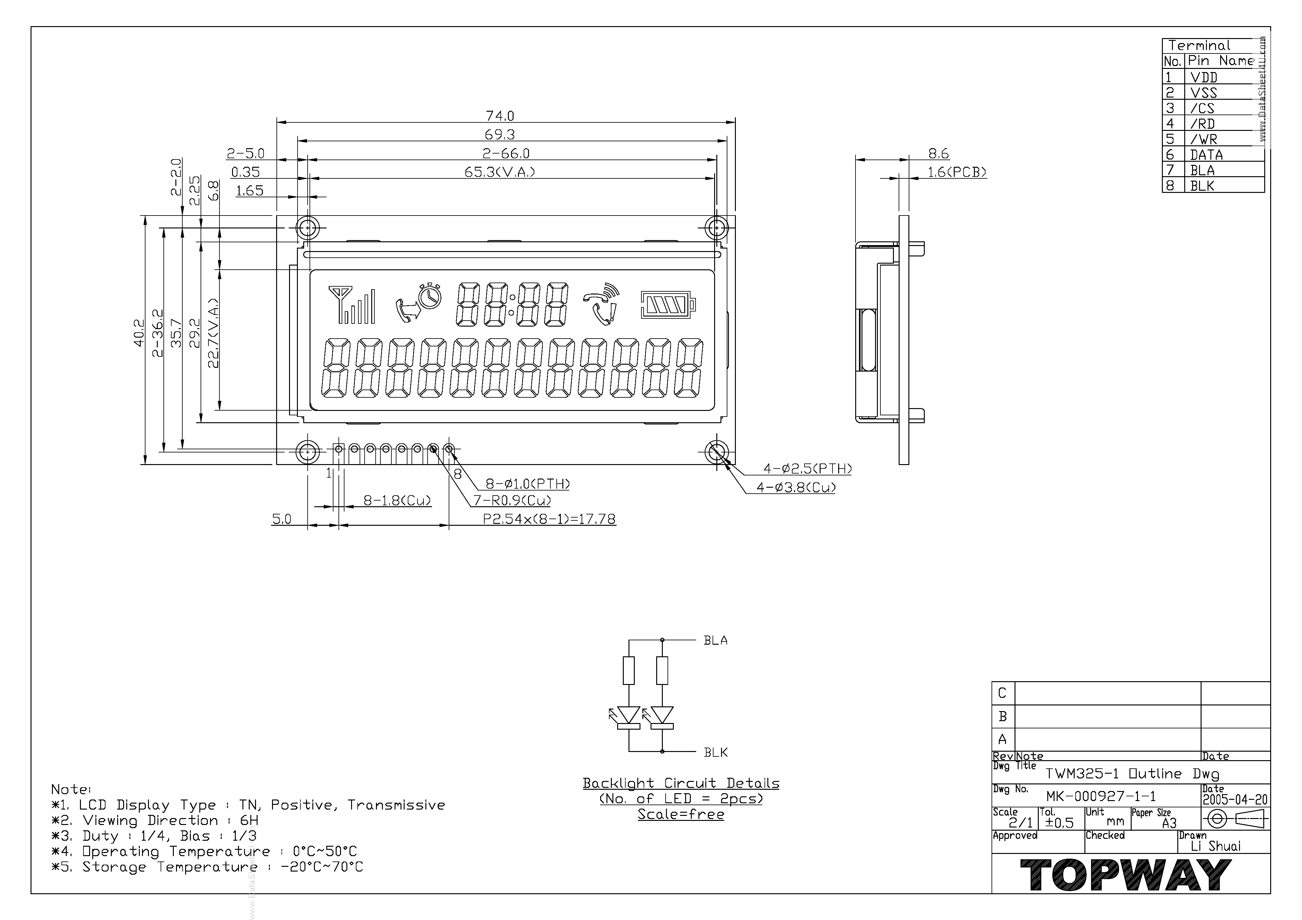 Datasheet TWM325-1 page 1 Datasheet TWM325-1 - LCD Module page 1